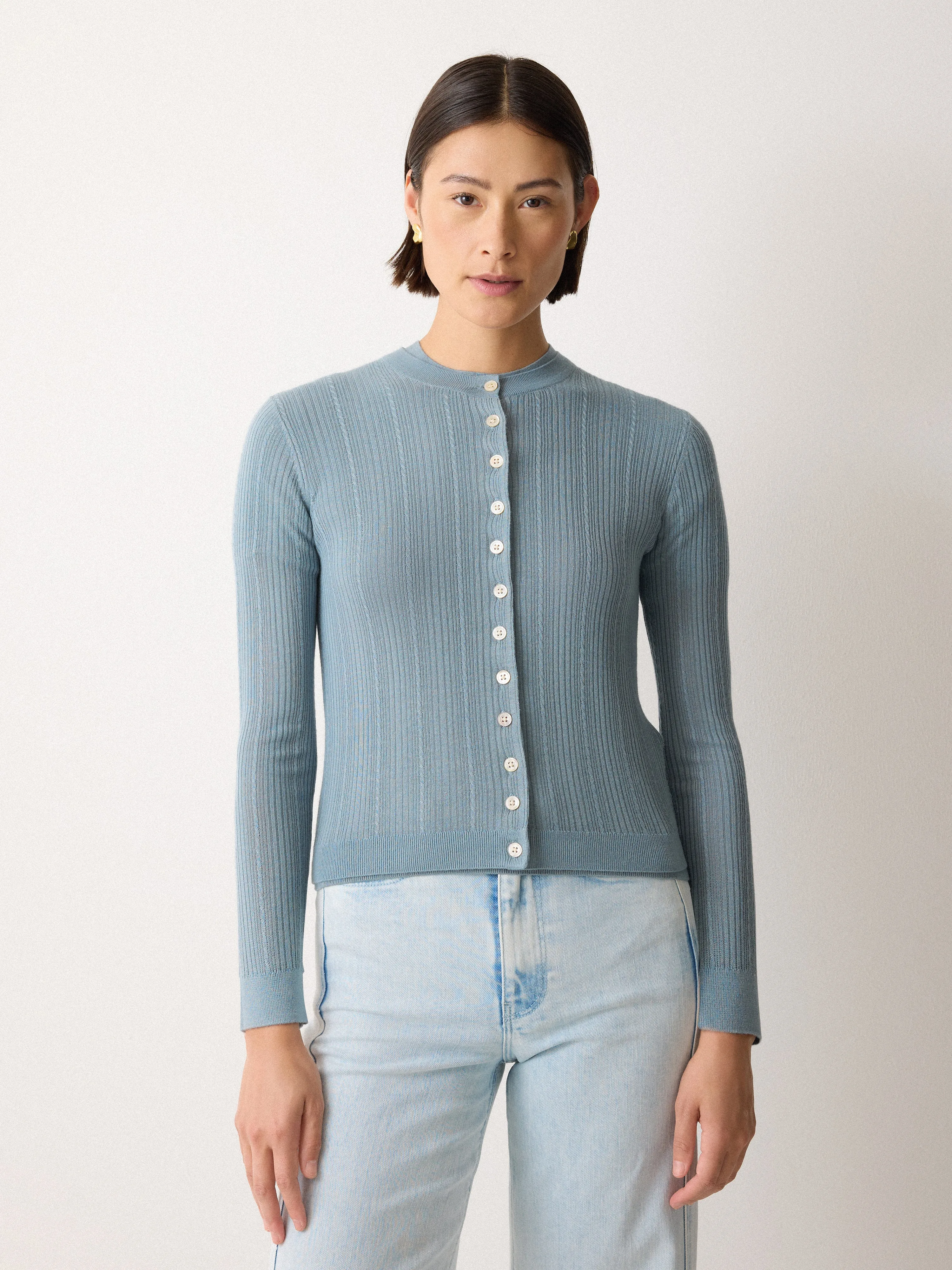 Fine Pointelle Cable Cardigan | Blue sold by Jigsaw product image thumbnail 3
