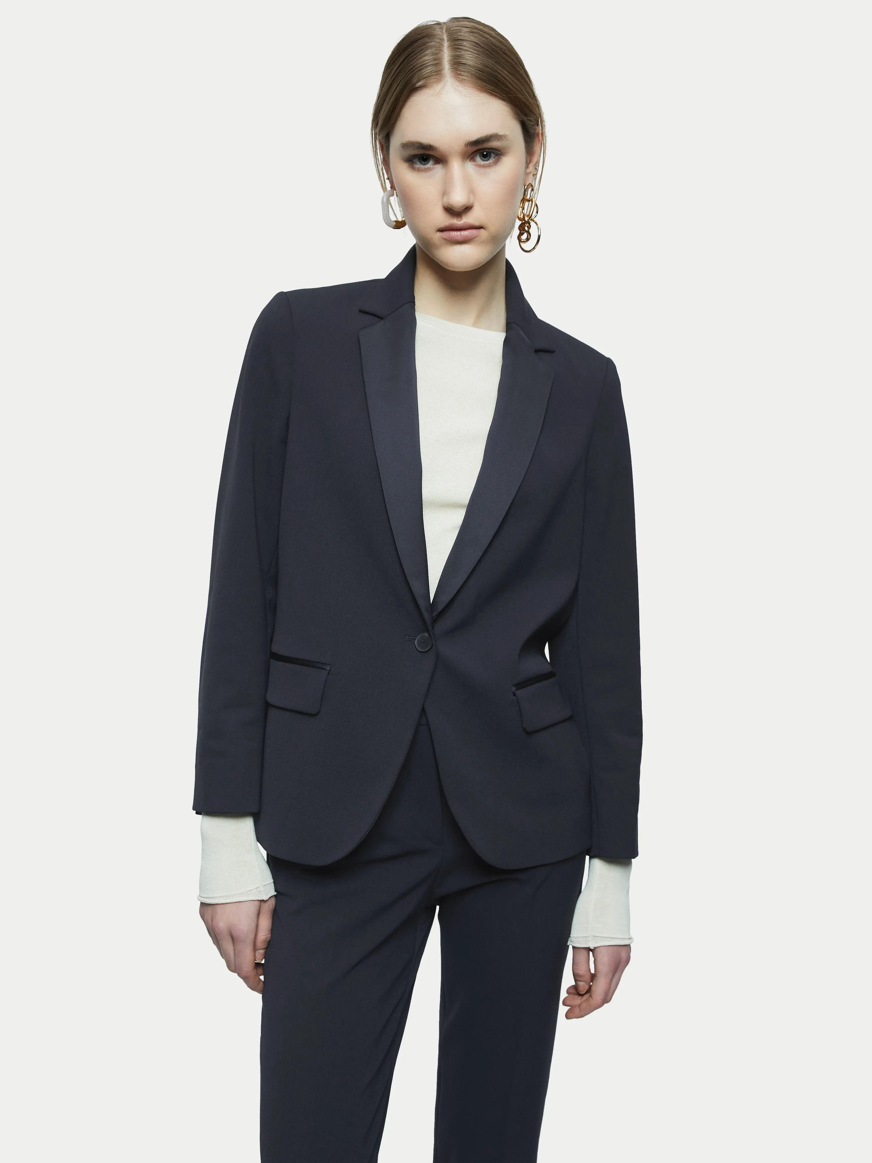 Paris Brook Satin Lapel Shortline Blazer | Navy sold by Jigsaw