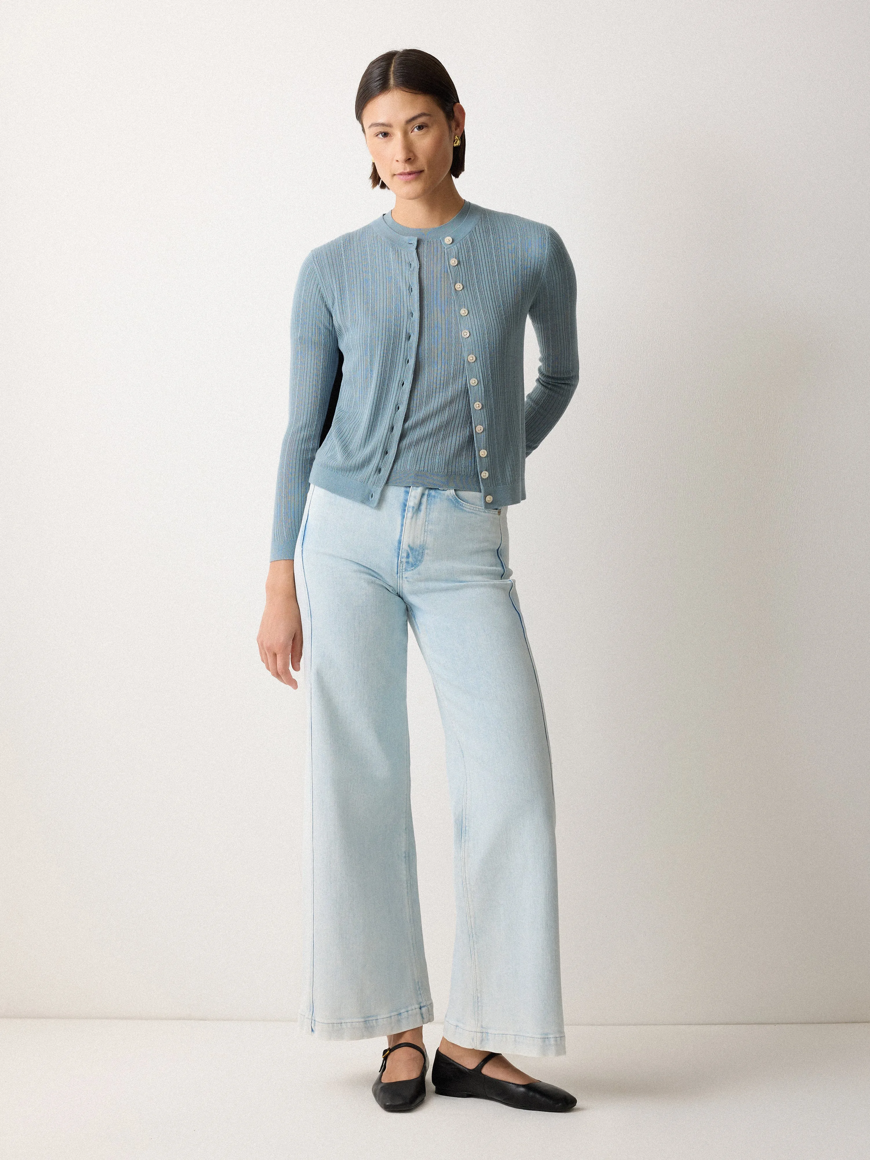 Fine Pointelle Cable Cardigan | Blue sold by Jigsaw