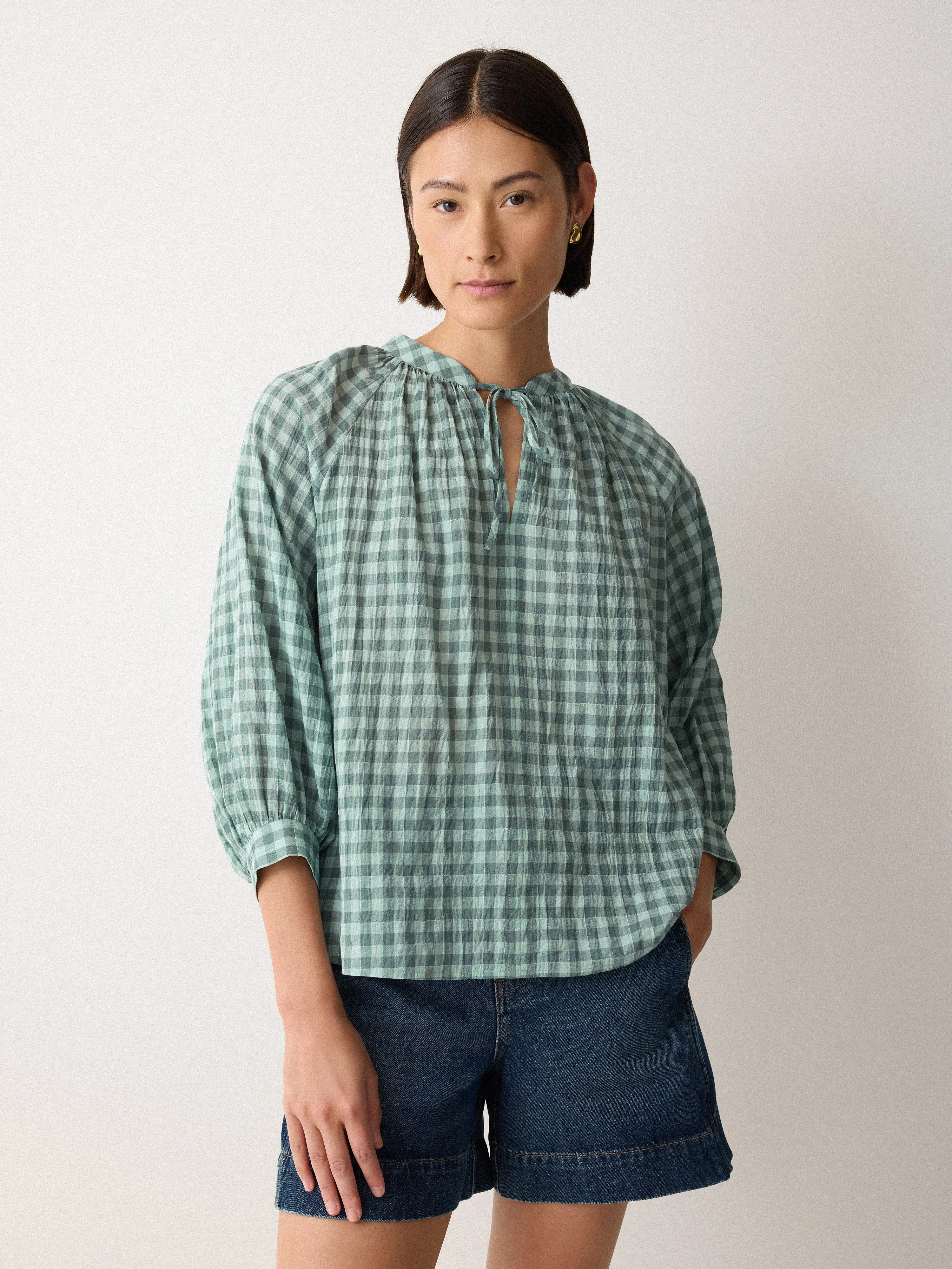 V Neck Checked Relaxed Blouse | Green sold by Jigsaw product image thumbnail 4
