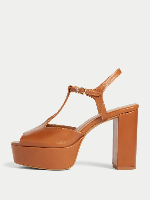 T Bar Platform Leather Sandal | Tan sold by Jigsaw