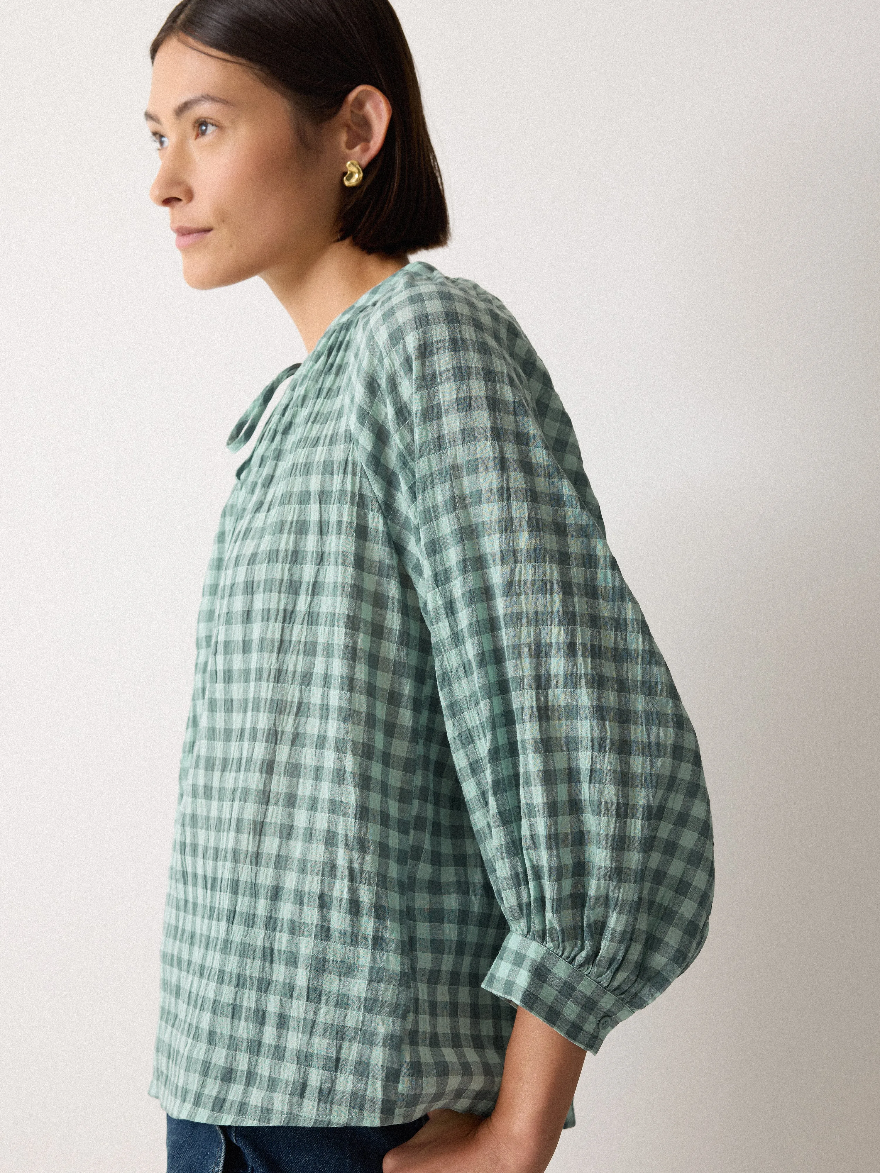 V Neck Checked Relaxed Blouse | Green sold by Jigsaw product image thumbnail 3
