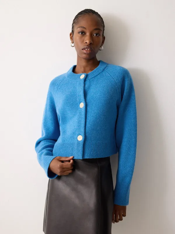 Wool Cropped Raglan Cardigan | Blue sold by Jigsaw