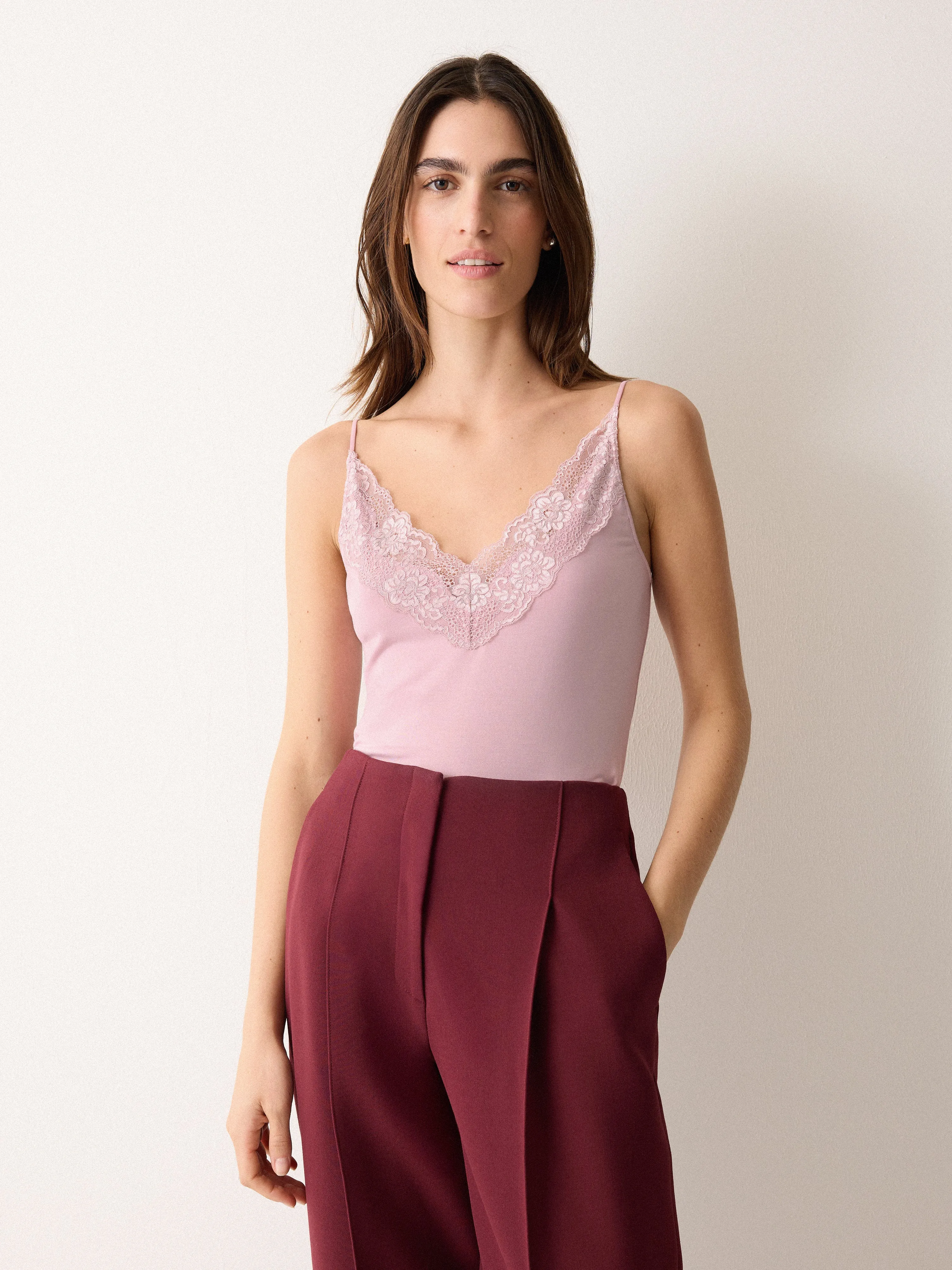 Modal Lace V Cami | Flush Pink sold by Jigsaw