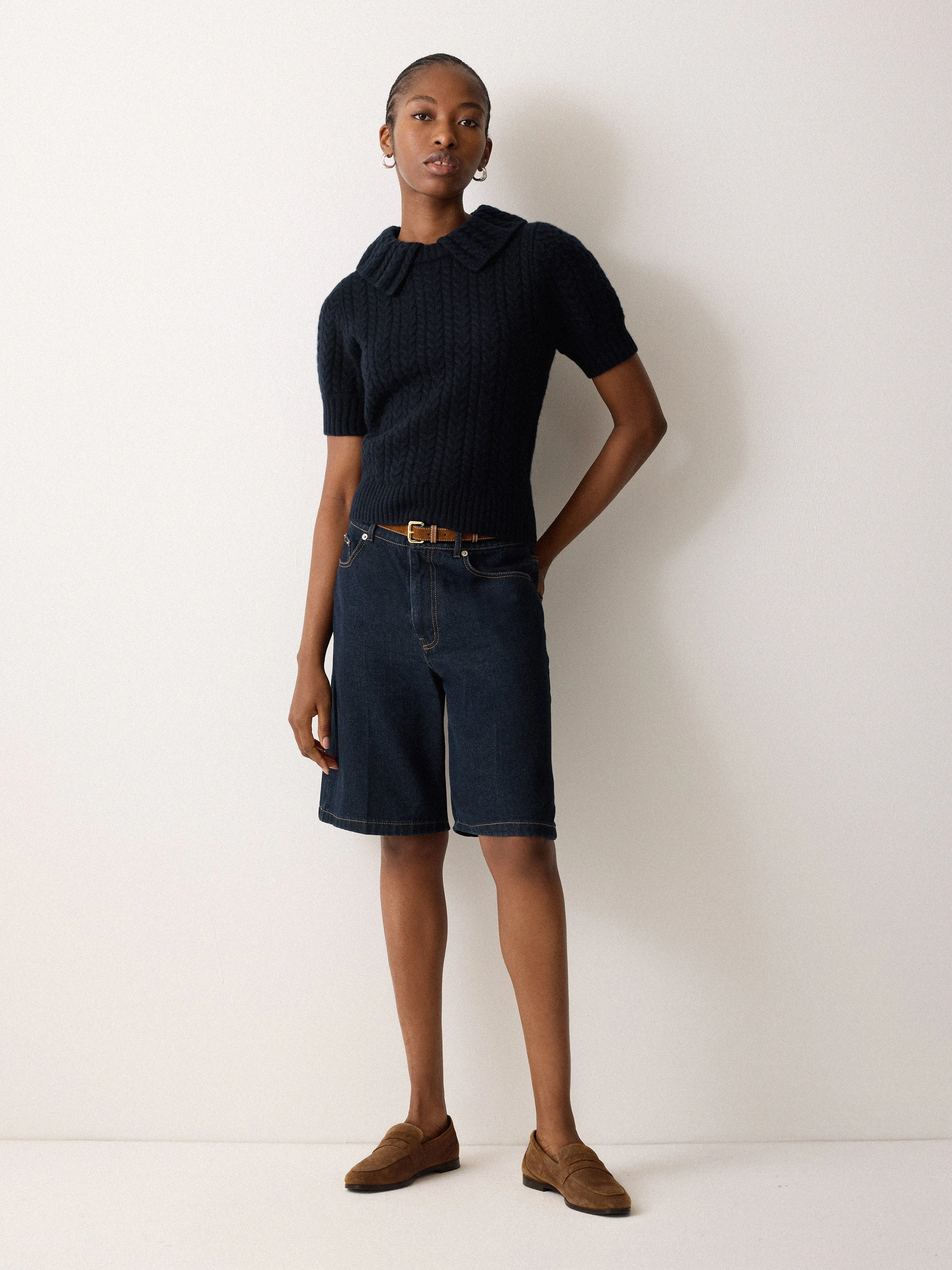 Cable Knit Collar T-Shirt | Navy sold by Jigsaw product image thumbnail 4