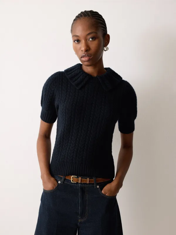 Cable Knit Collar T-Shirt | Navy sold by Jigsaw