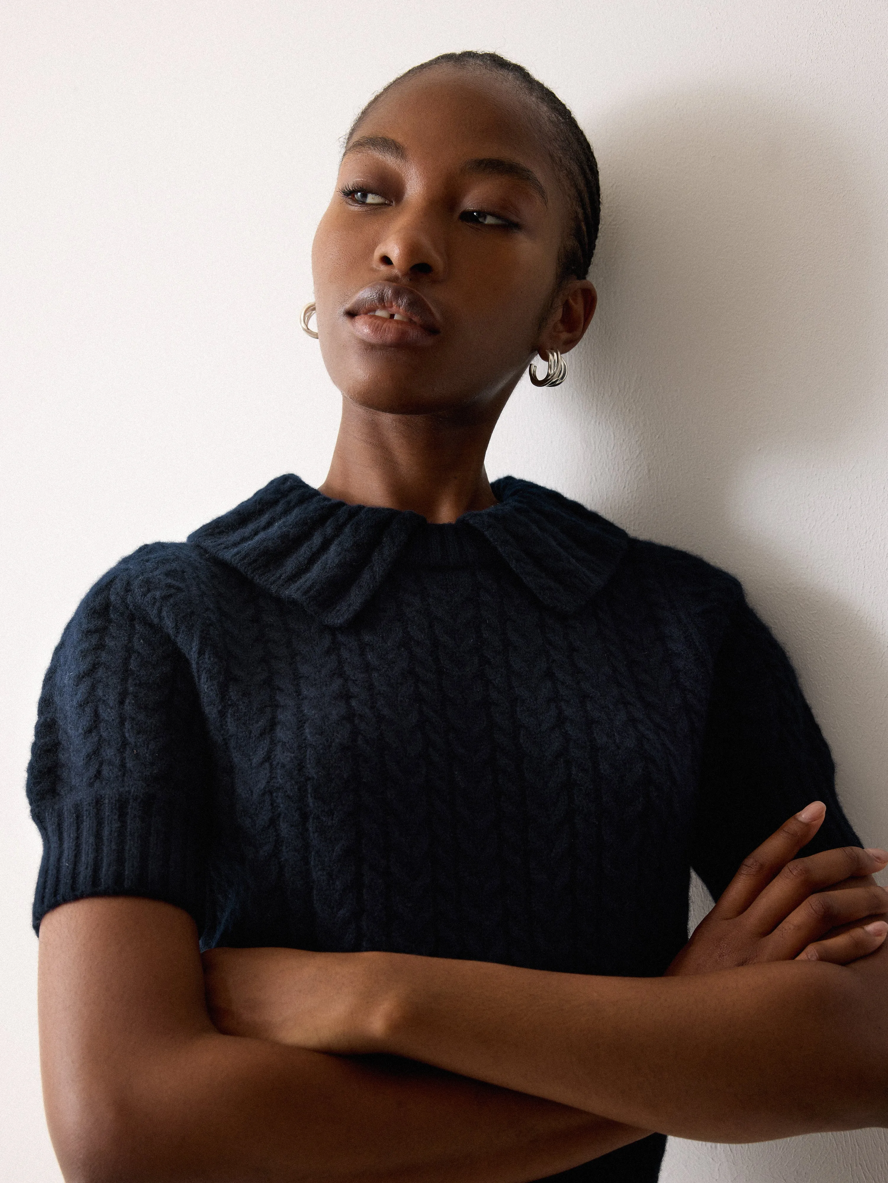 Cable Knit Collar T-Shirt | Navy sold by Jigsaw product image thumbnail 2