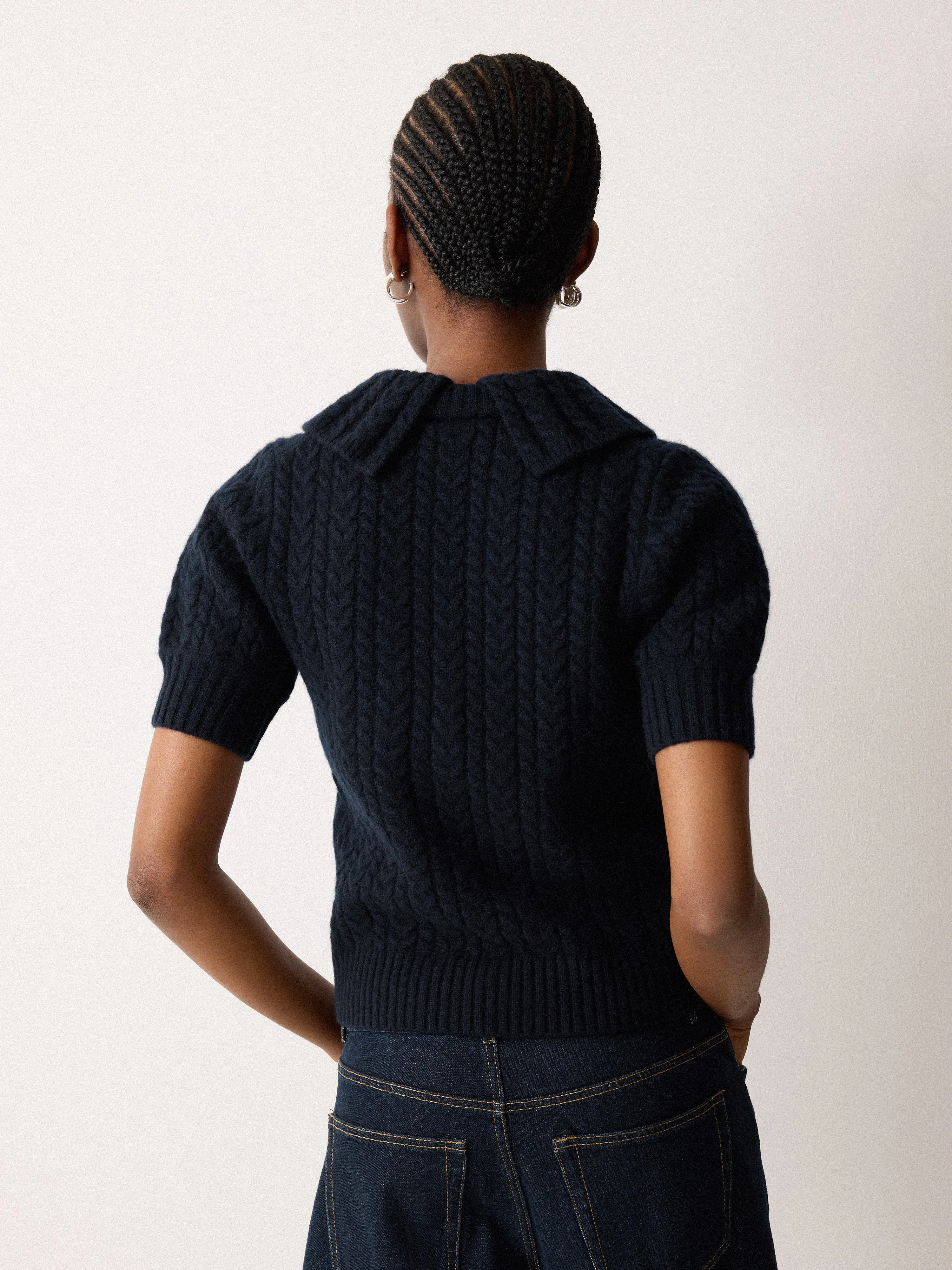 Cable Knit Collar T-Shirt | Navy sold by Jigsaw product image thumbnail 3