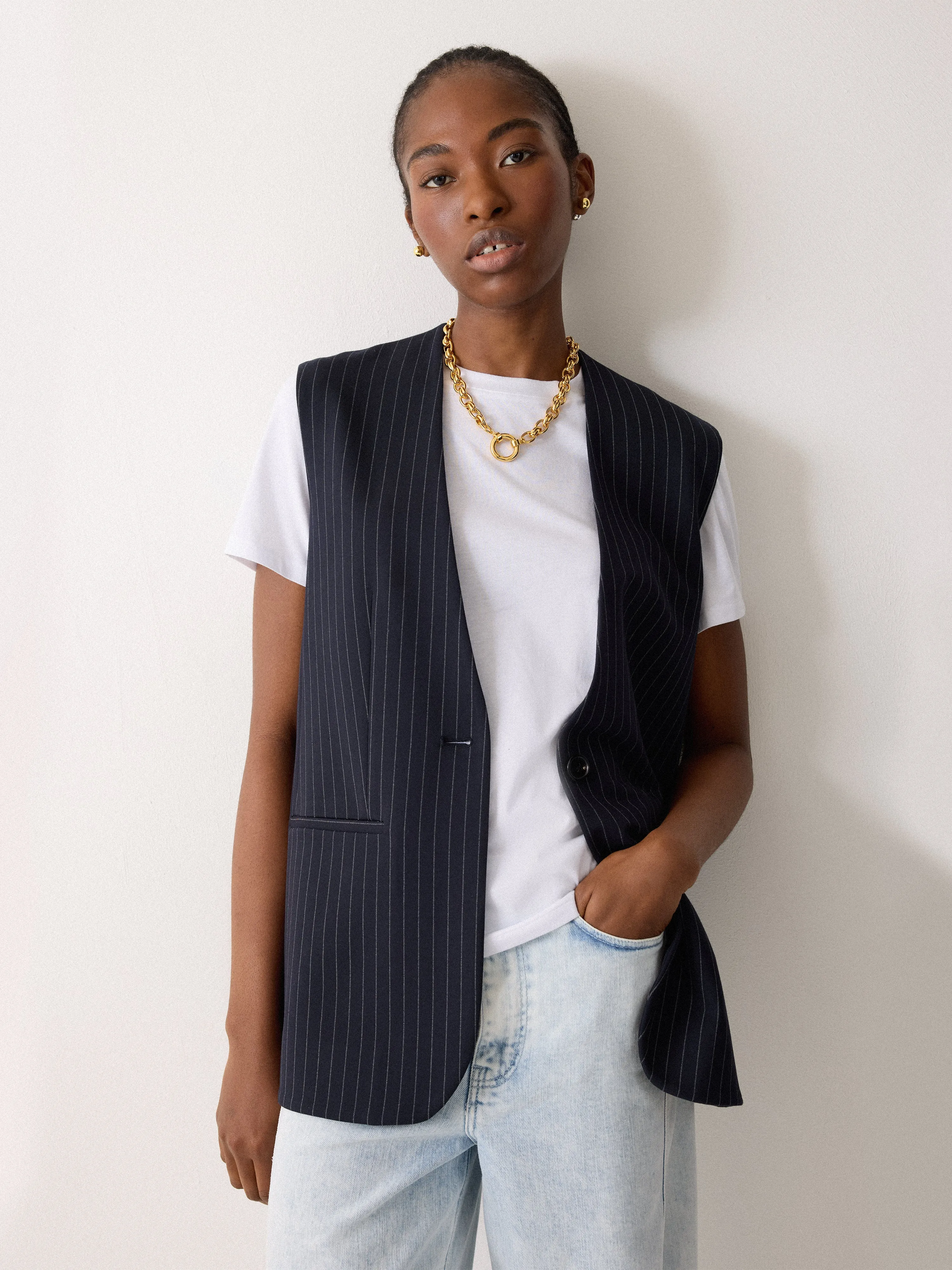 Ponte Pinstripe Waistcoat | Navy sold by Jigsaw
