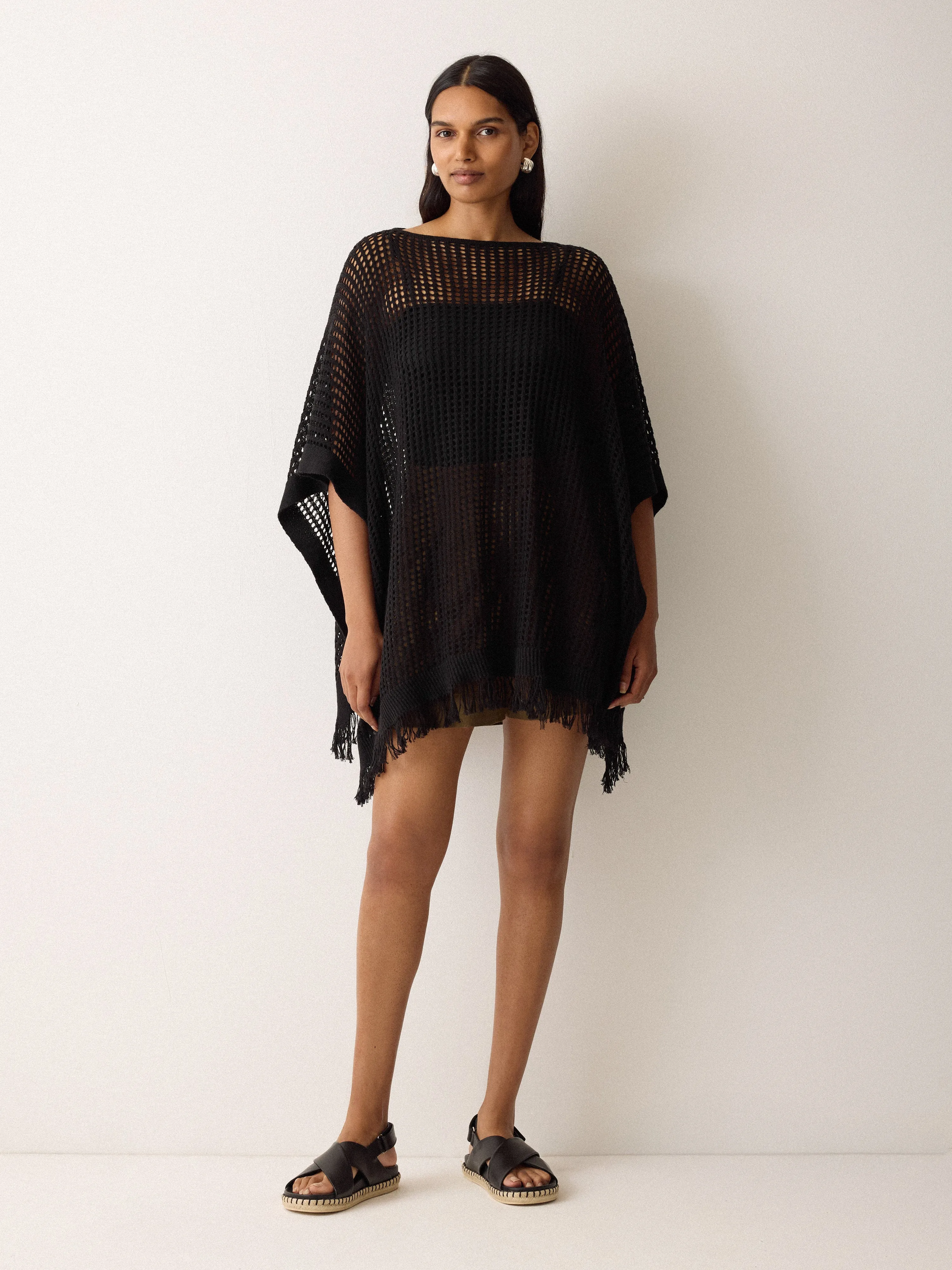 Linen Blend Open Stitch Poncho | Black sold by Jigsaw