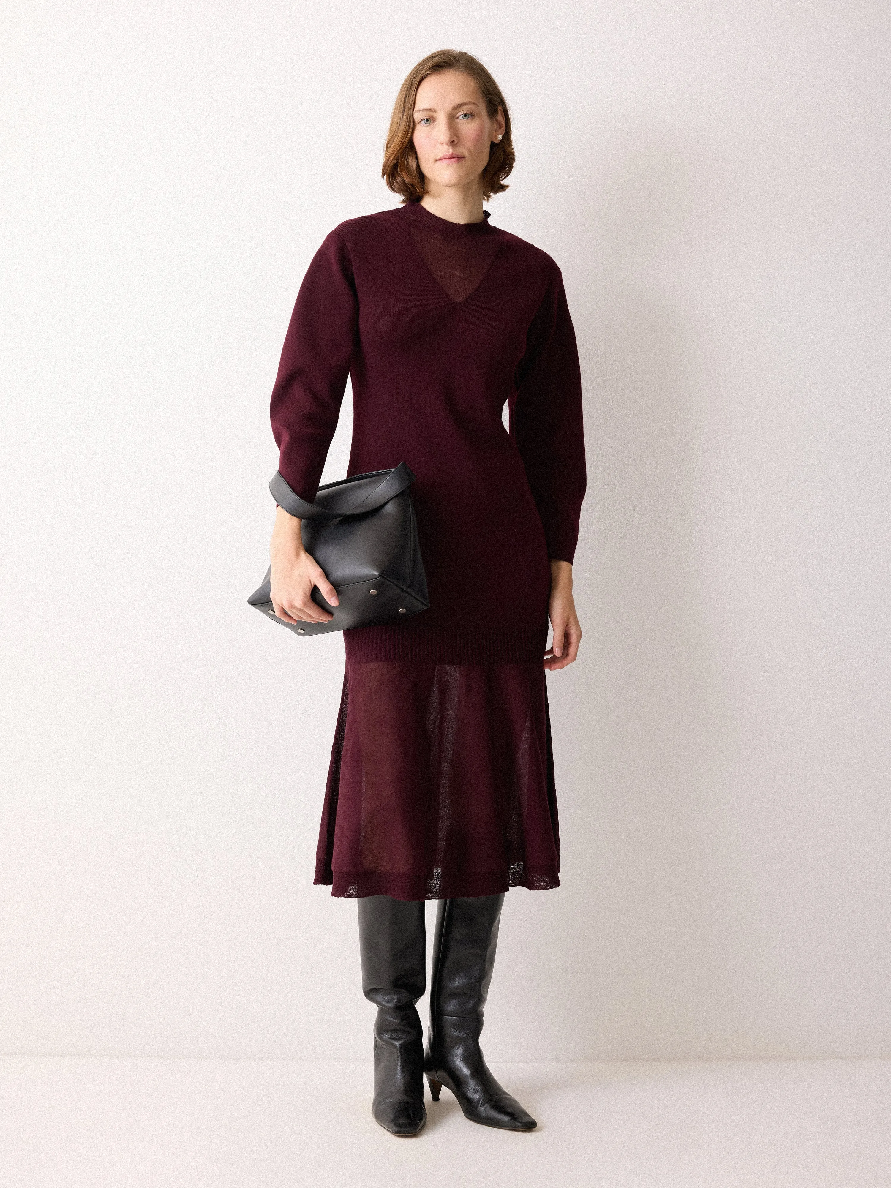 Sheer Panel Knit Dress | Burgundy sold by Jigsaw