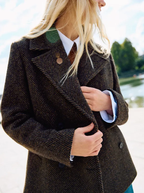 Alba Wool Herringbone Pea Coat | Brown sold by Jigsaw