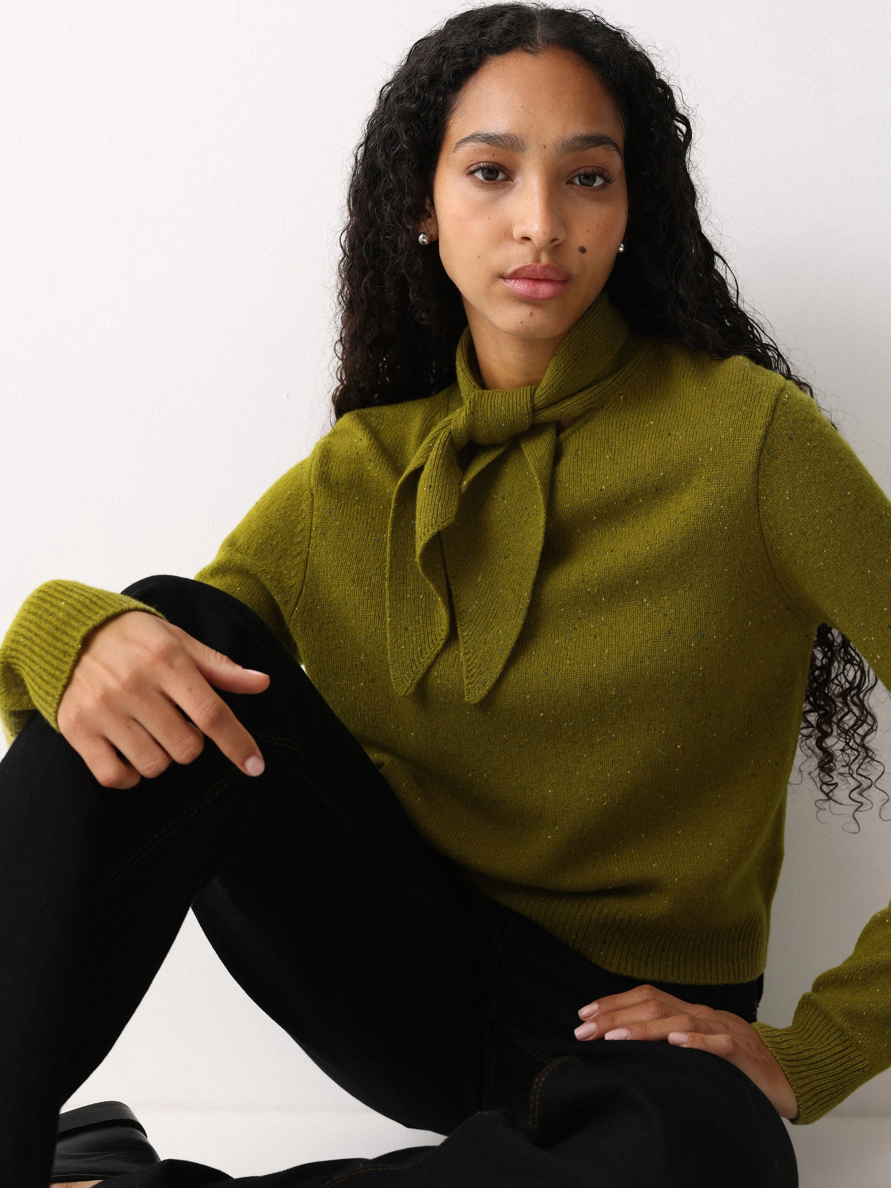 Donegal Wool Tie Neck Jumper | Green sold by Jigsaw
