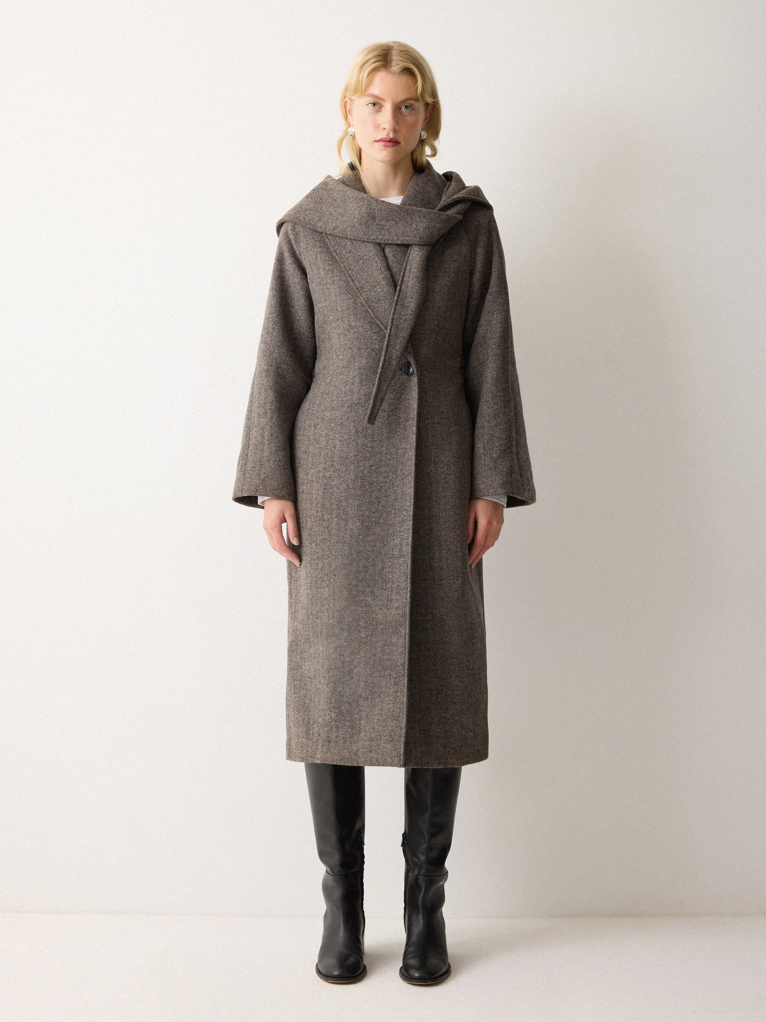 Herringbone Hooded Wrap Coat | Brown sold by Jigsaw product image thumbnail 2