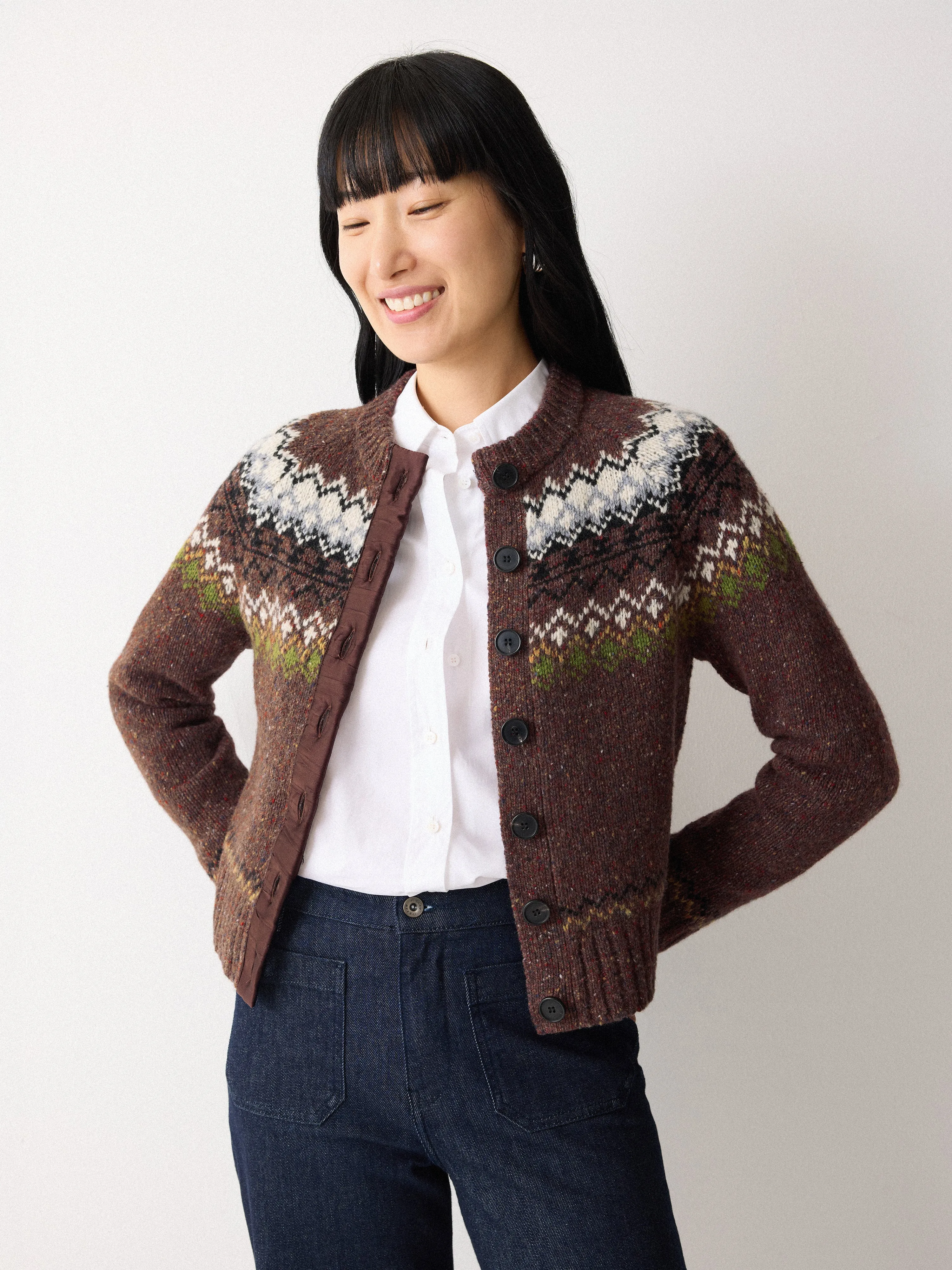 Fairisle Silk Trim Cardigan | Brown sold by Jigsaw product image thumbnail 3