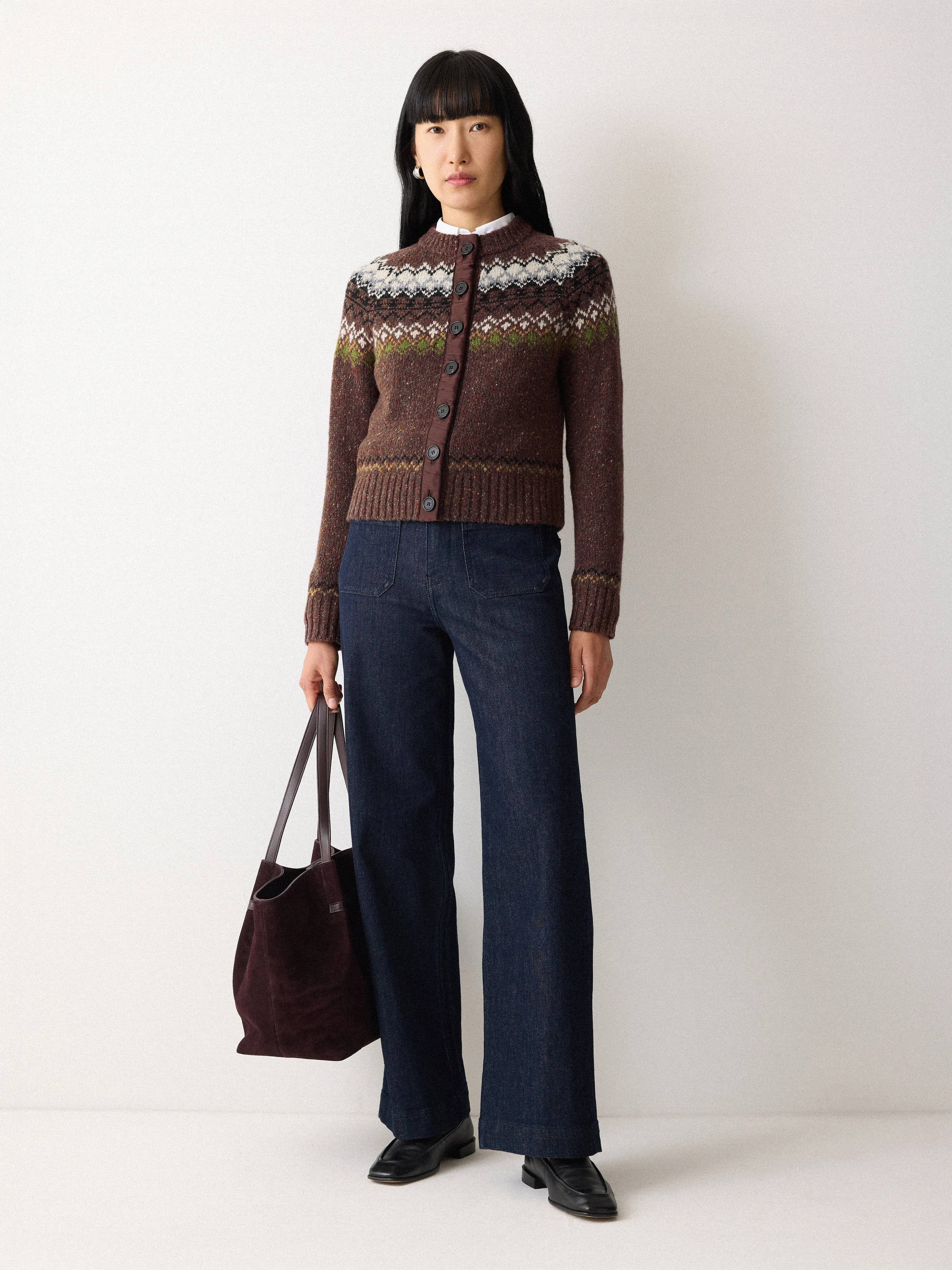 Fairisle Silk Trim Cardigan | Brown sold by Jigsaw
