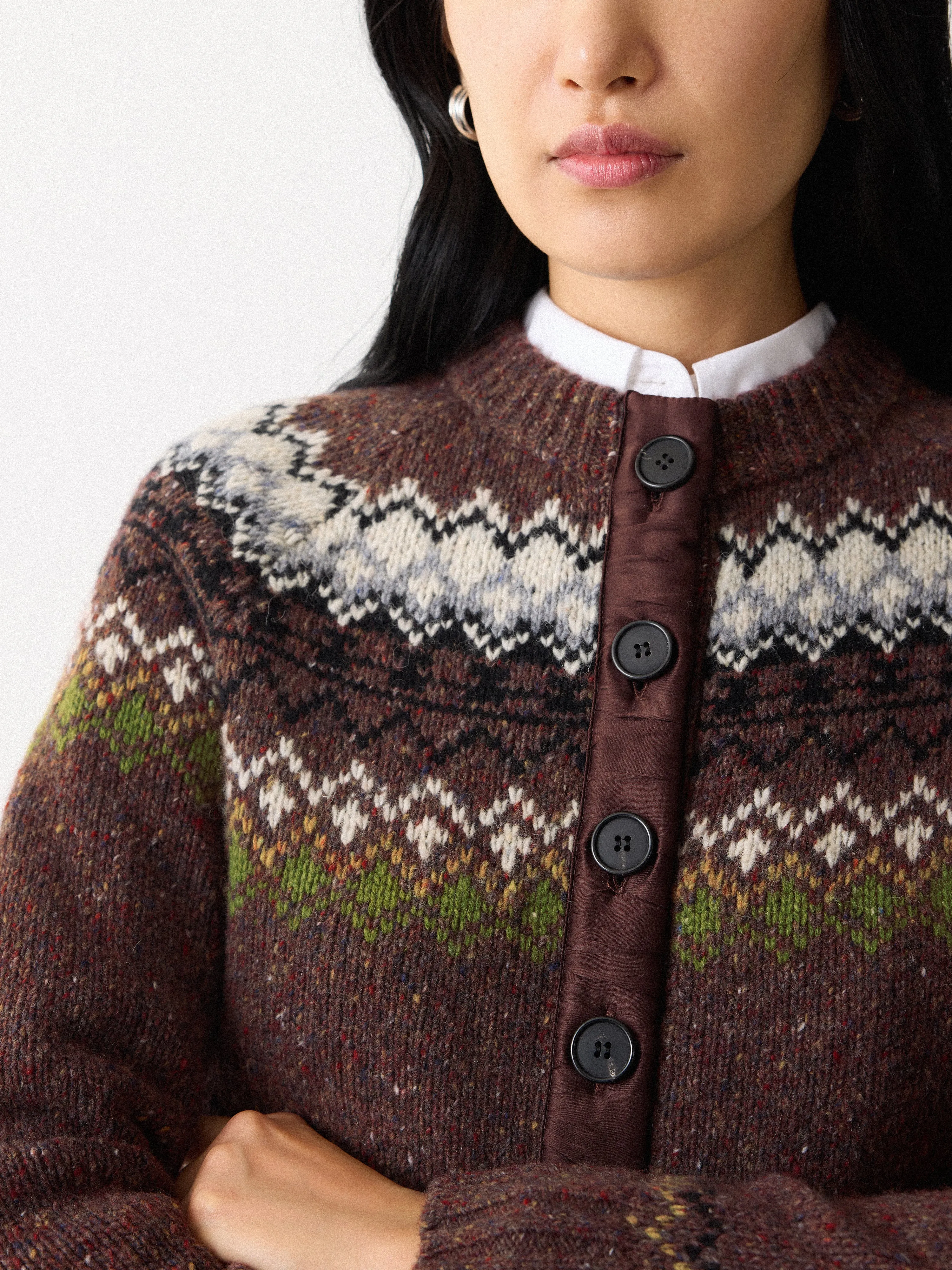 Fairisle Silk Trim Cardigan | Brown sold by Jigsaw product image thumbnail 2