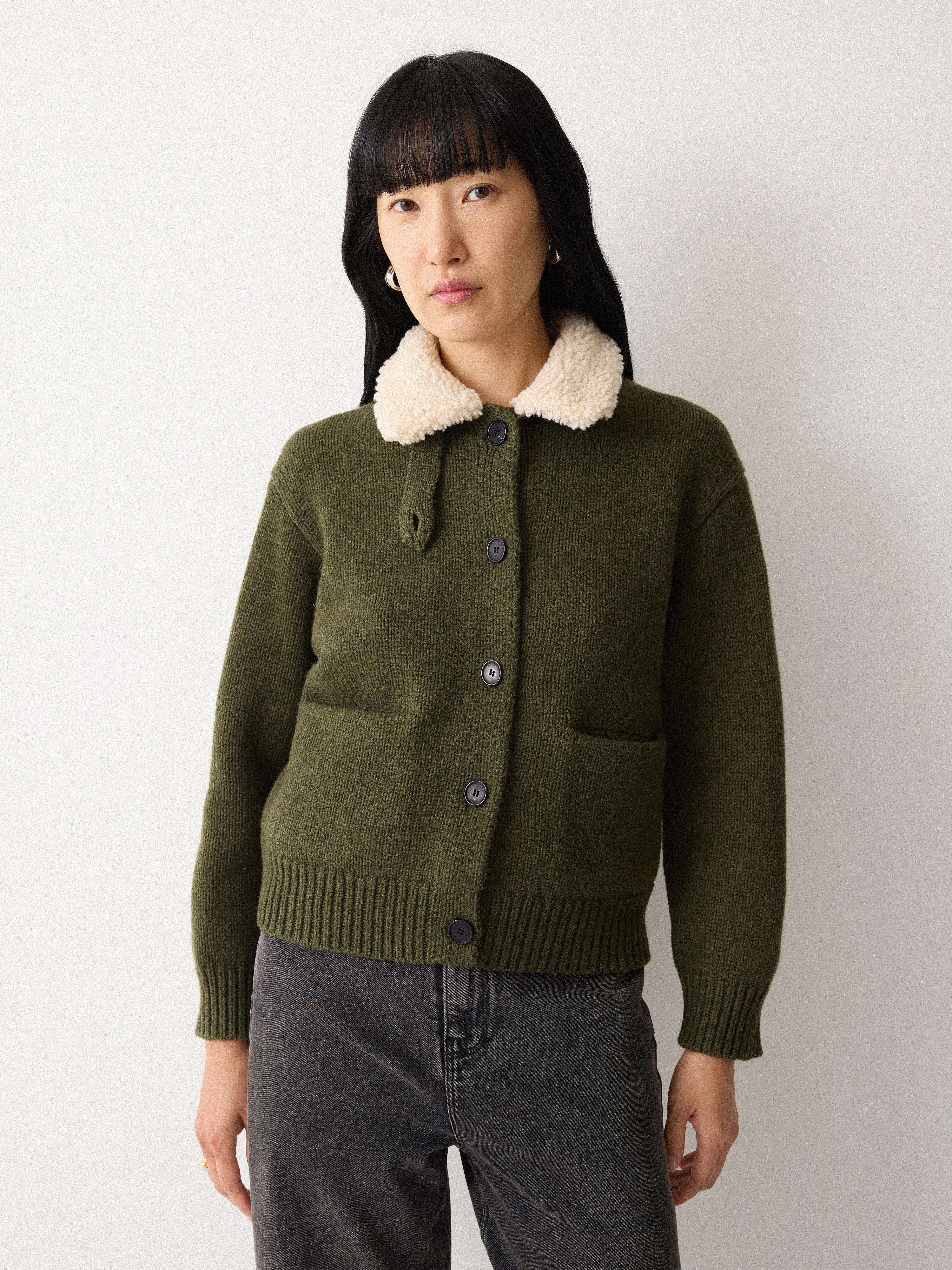 Sherpa Collar Cardigan | Khaki sold by Jigsaw product image thumbnail 3