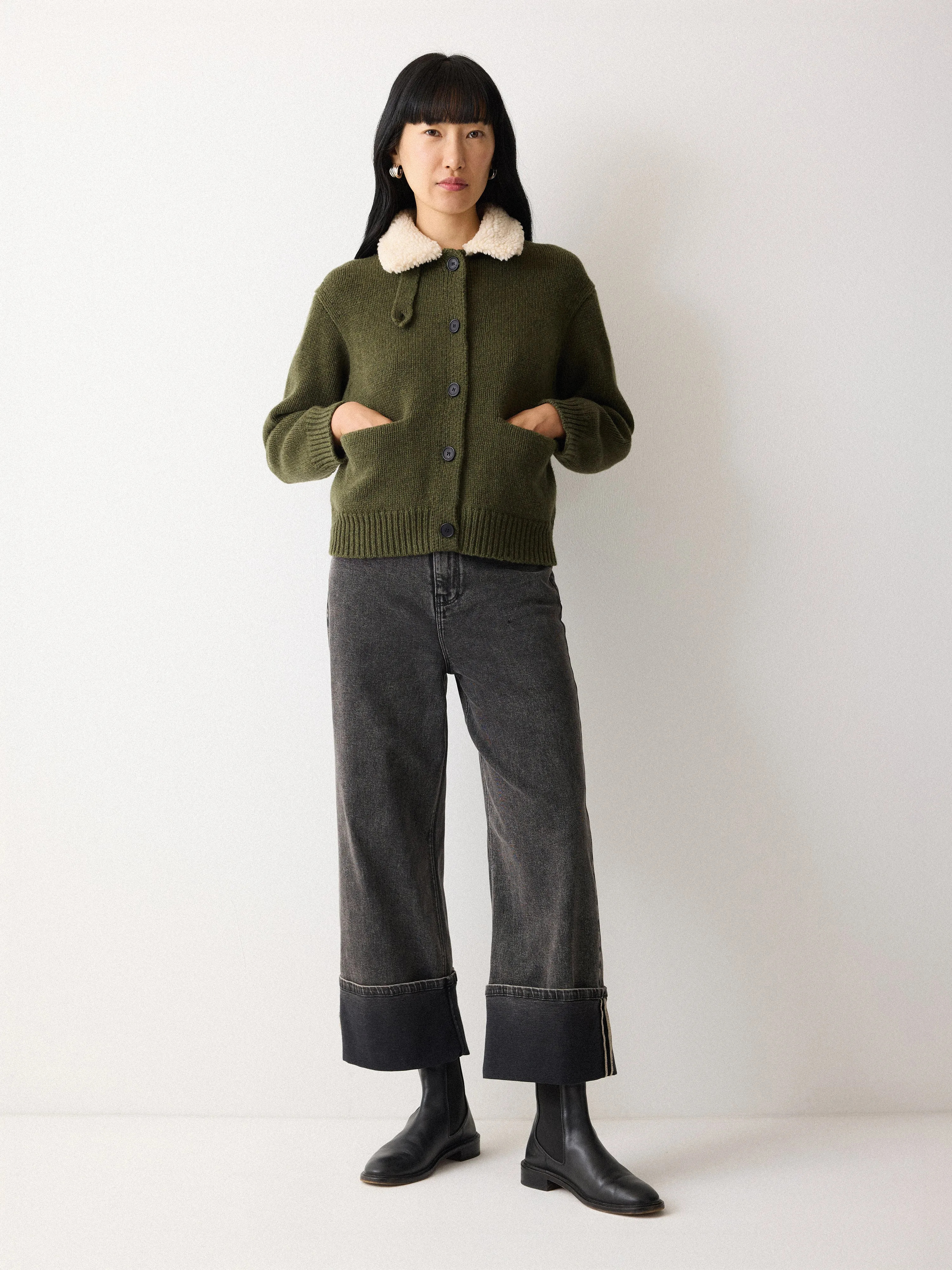 Sherpa Collar Cardigan | Khaki sold by Jigsaw