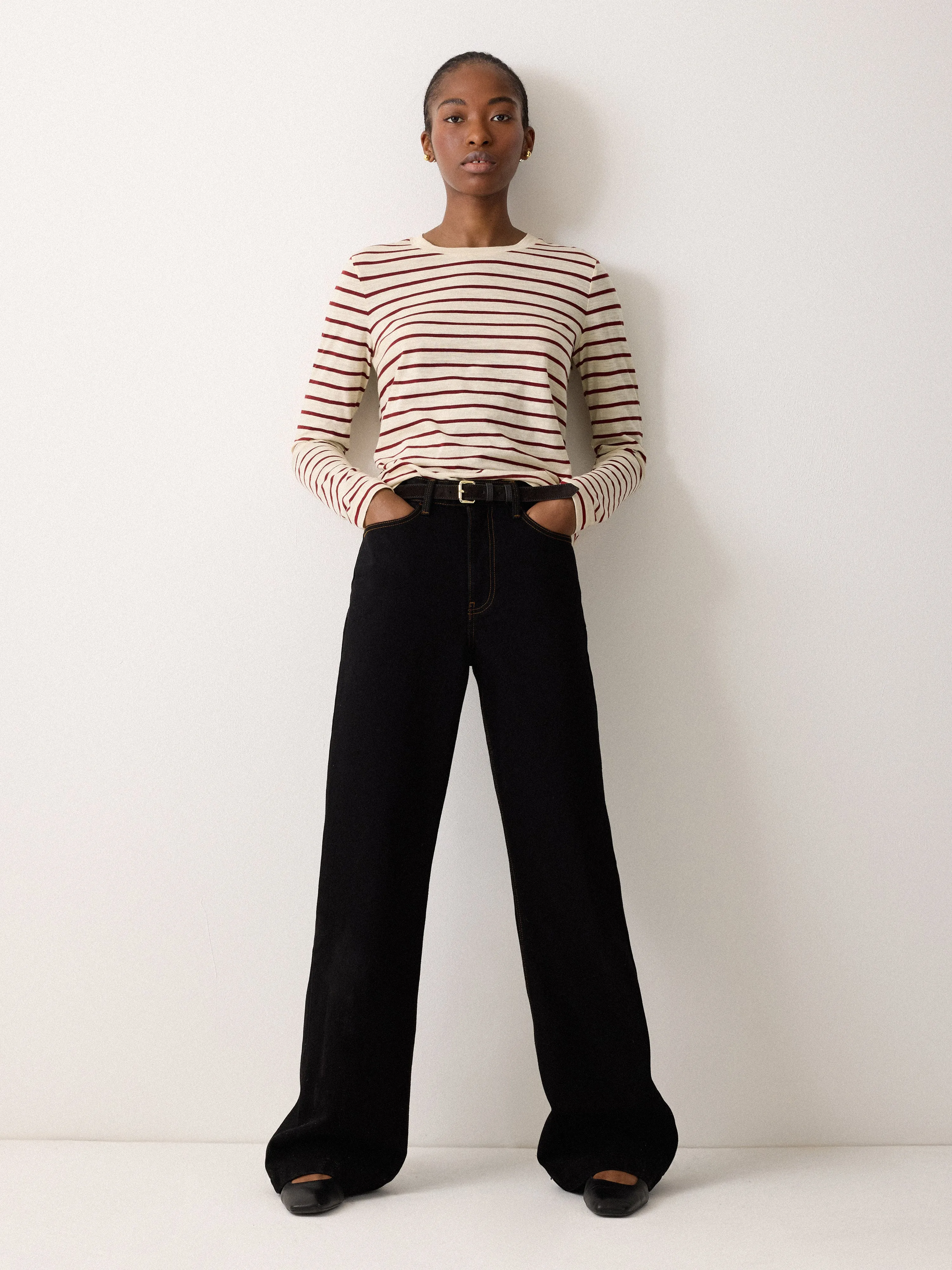 Cotton Stripe Long Sleeve Tee | Leather Red sold by Jigsaw