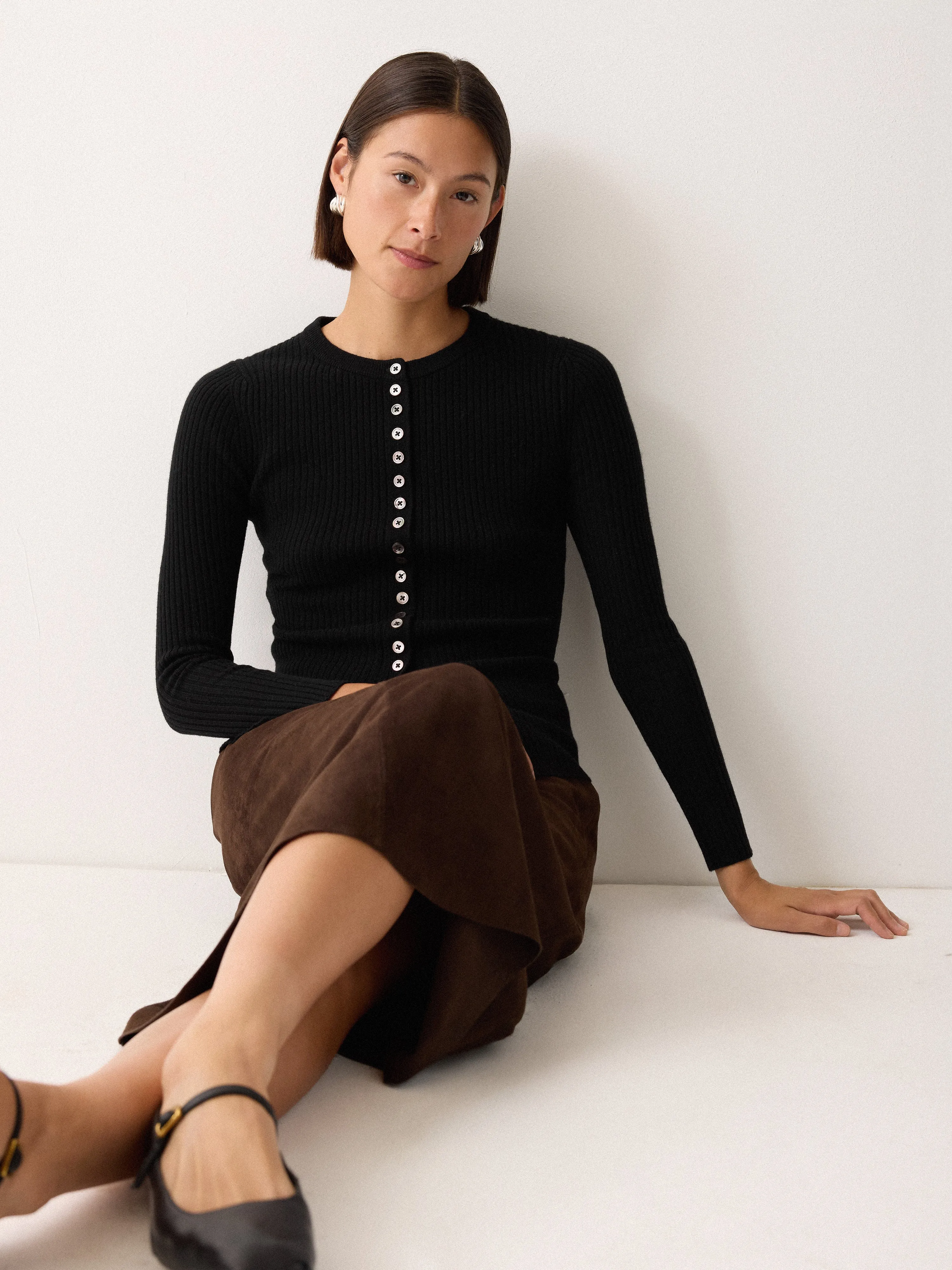 Multi Button Rib Knit Cardigan | Black sold by Jigsaw