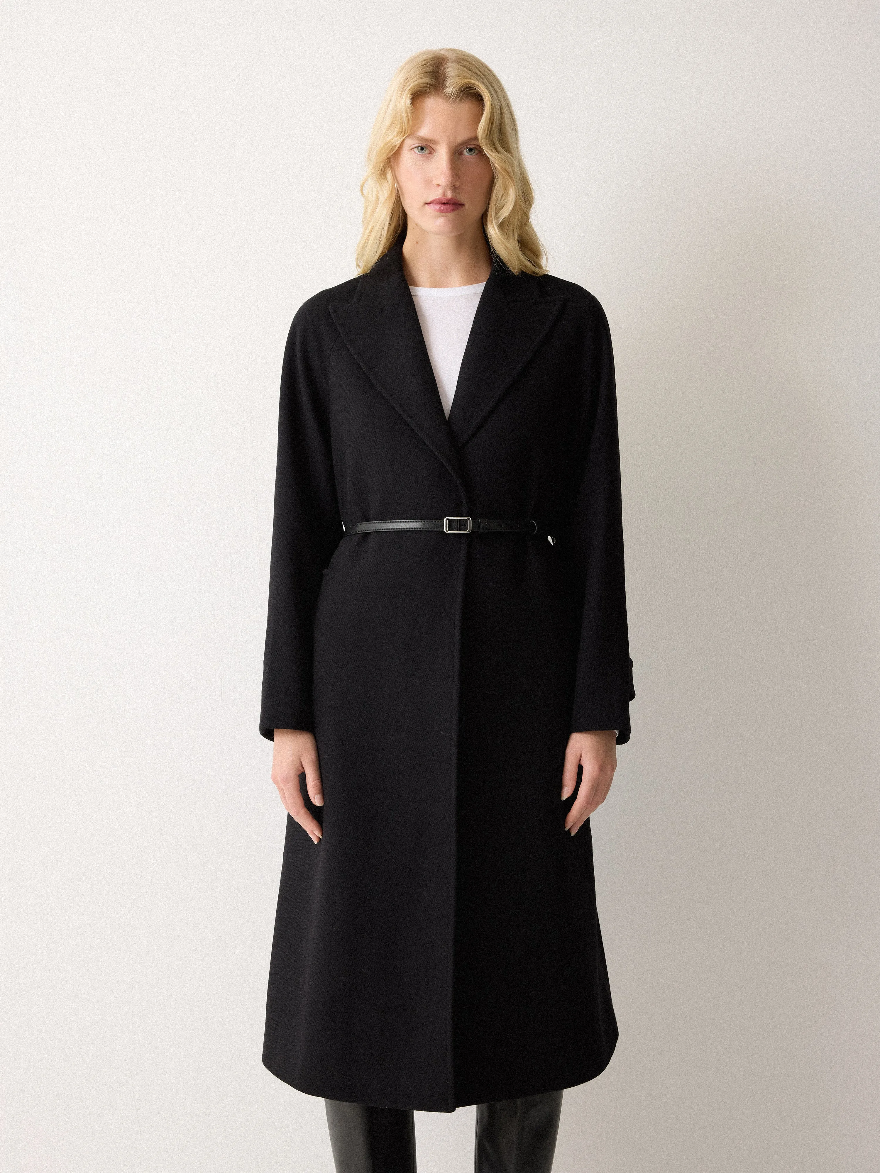 Wool Twill Belted Raglan Coat | Black sold by Jigsaw