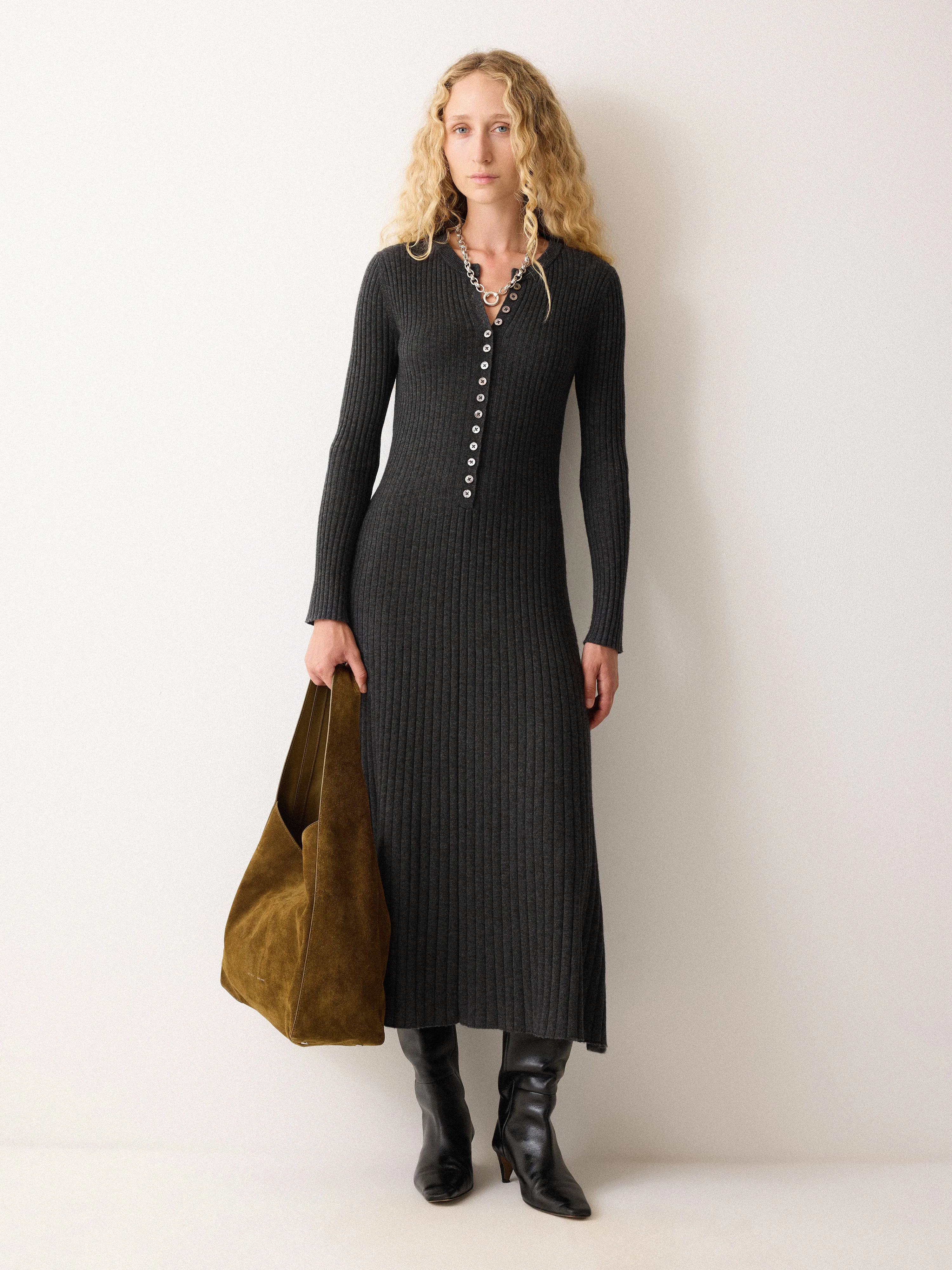 Multi Button Rib Knit Dress | Charcoal sold by Jigsaw
