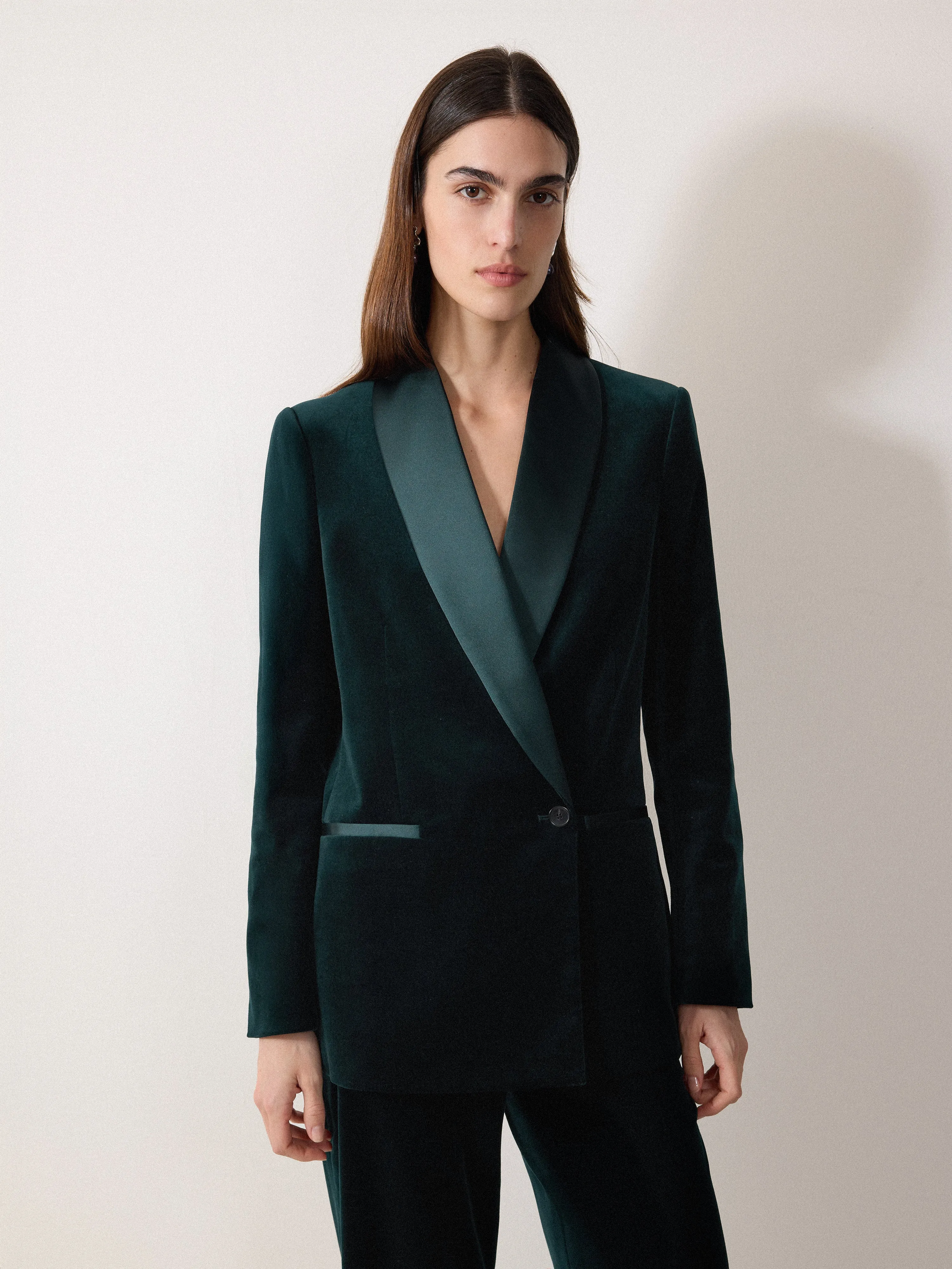 Velvet Satin Shawl Blazer | Green sold by Jigsaw