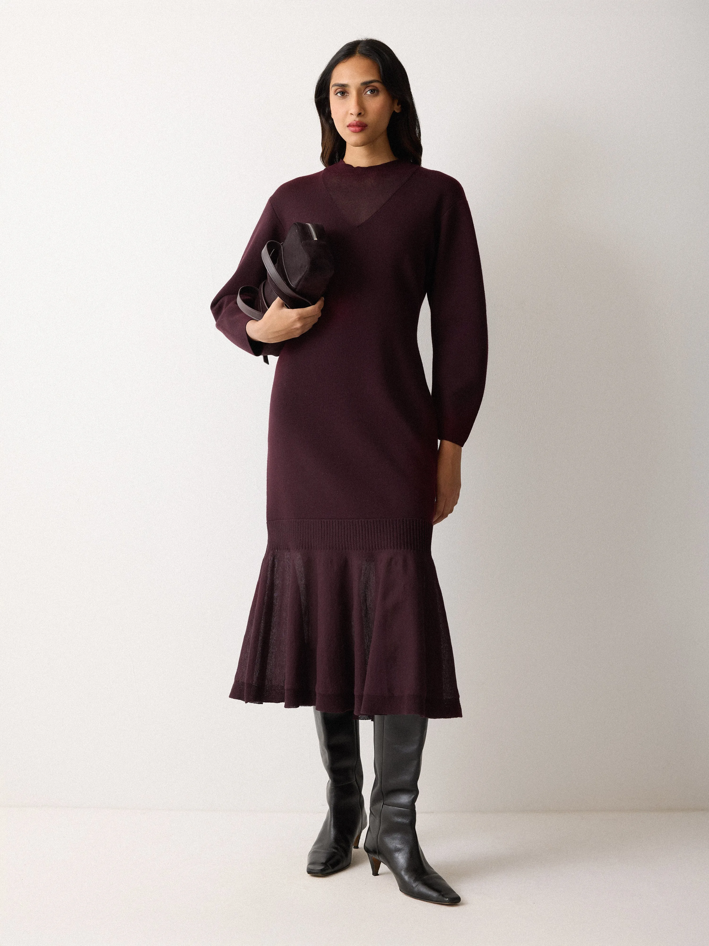 Sheer Panel Knit Dress | Burgundy sold by Jigsaw