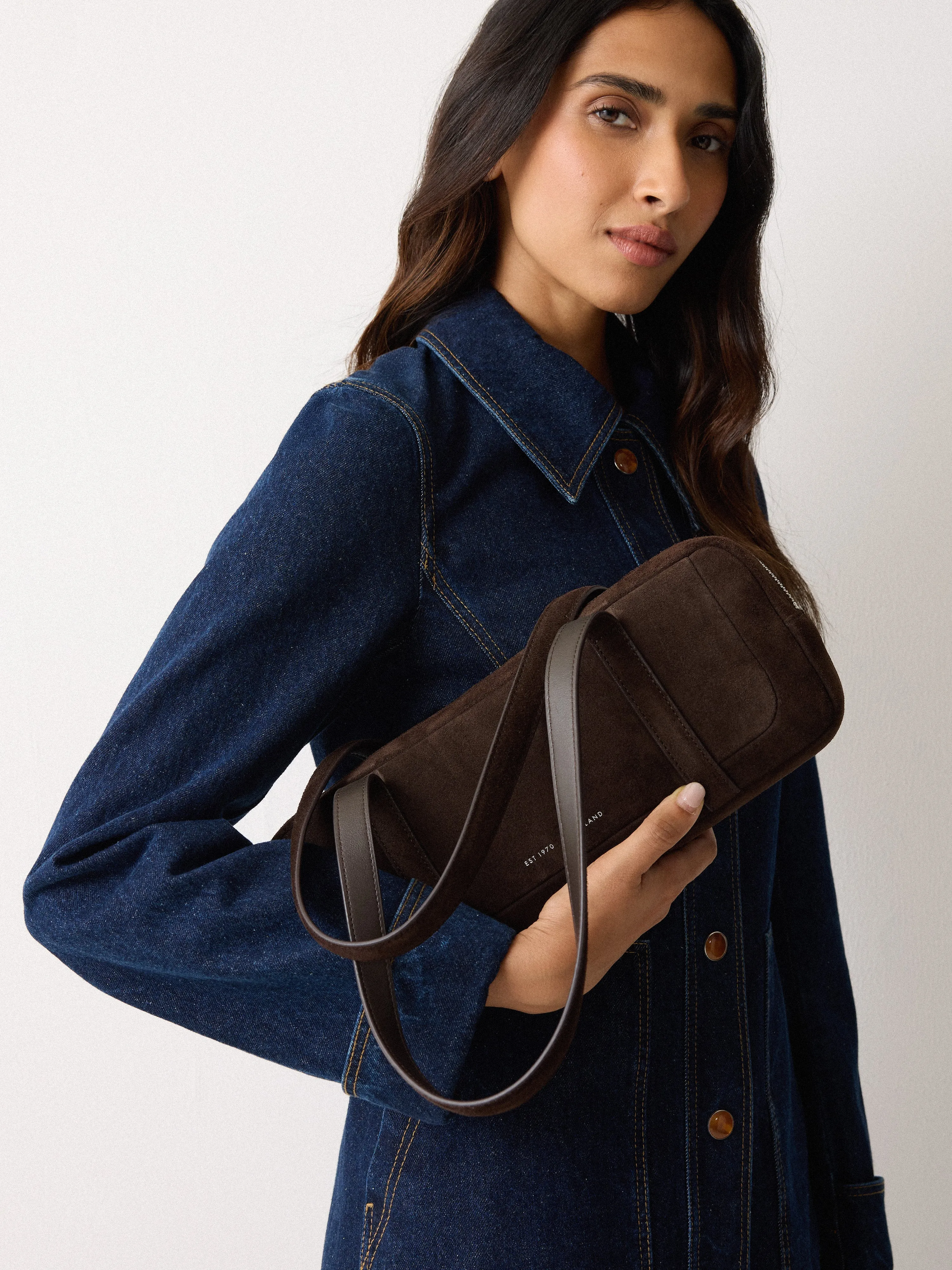 Suede Baguette Shoulder Bag | Brown sold by Jigsaw