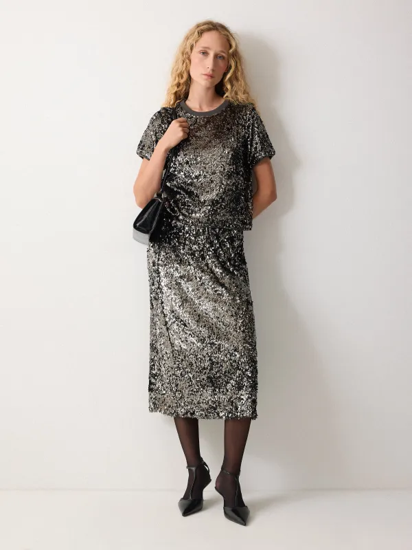 Metallic Sequin Skirt | Dark Silver sold by Jigsaw