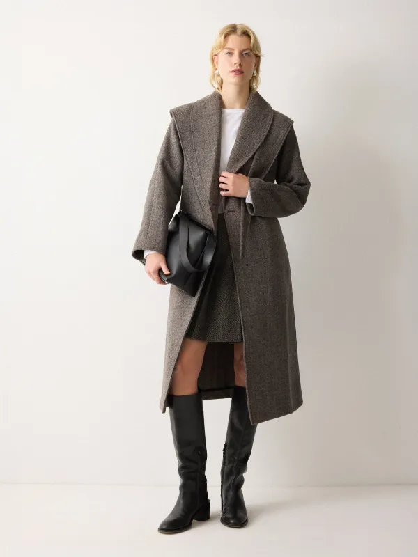 Herringbone Hooded Wrap Coat | Brown sold by Jigsaw