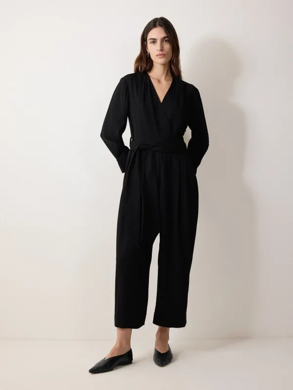 Crepe Wrap Front Jumpsuit | Black sold by Jigsaw