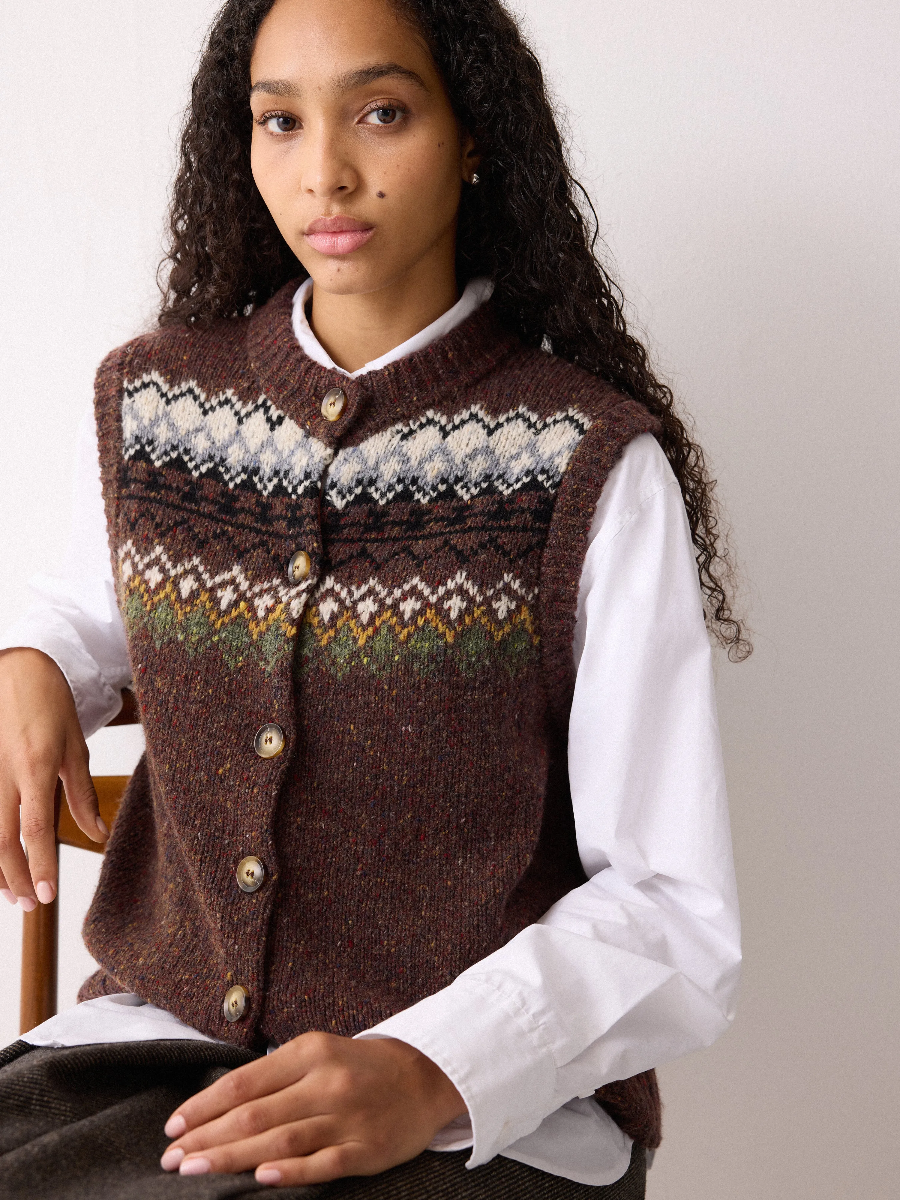 Fairisle Knit Waistcoat | Brown sold by Jigsaw