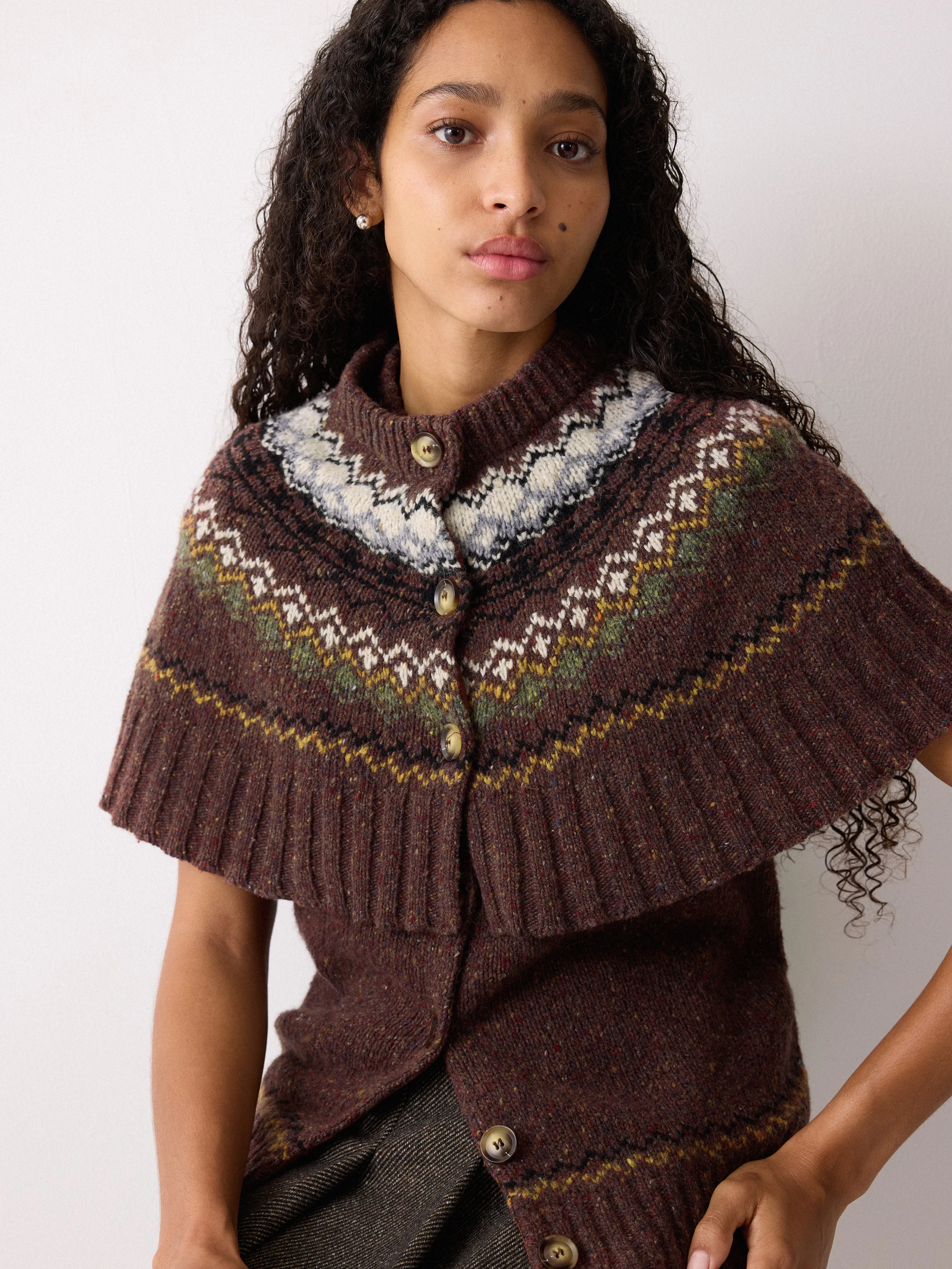 Fairisle Knitted Cape | Brown sold by Jigsaw product image thumbnail 3