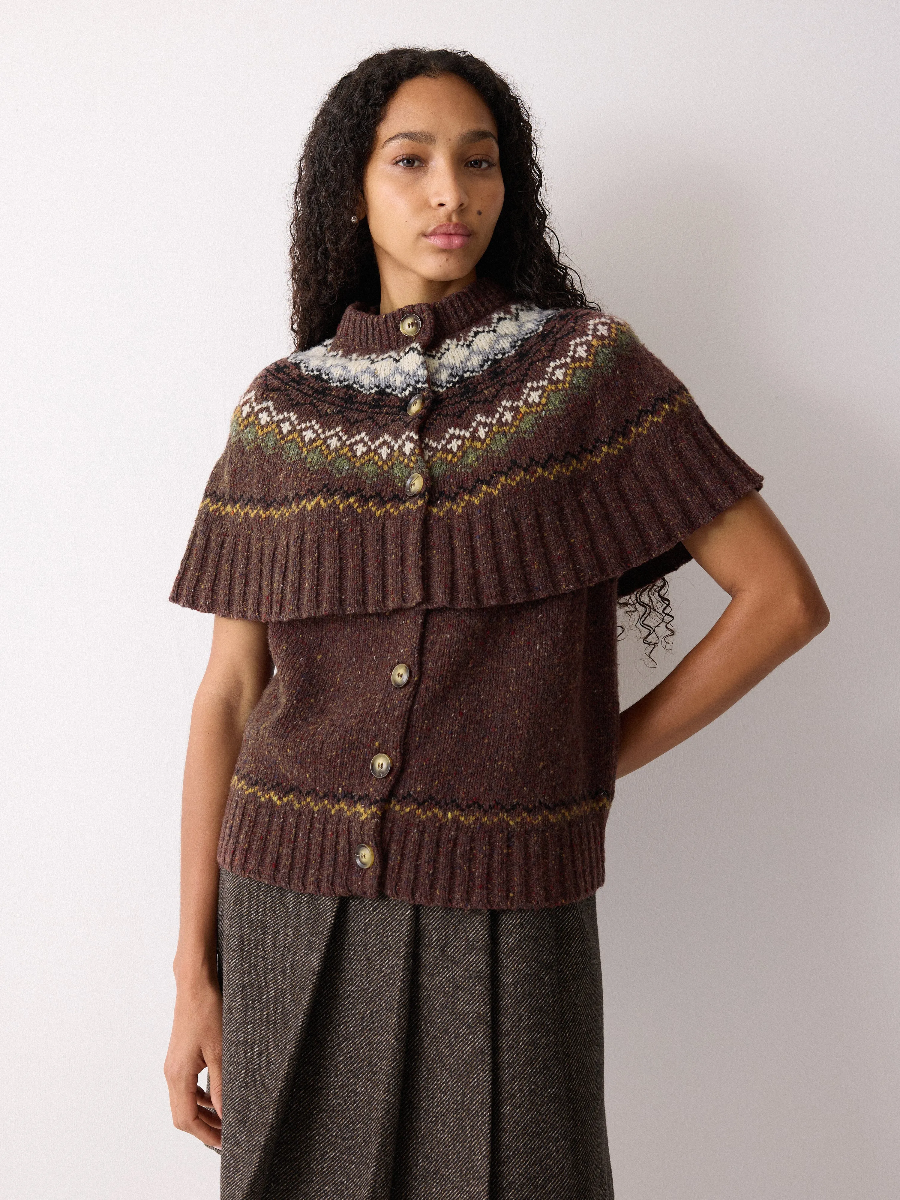 Fairisle Knitted Cape | Brown sold by Jigsaw product image thumbnail 2