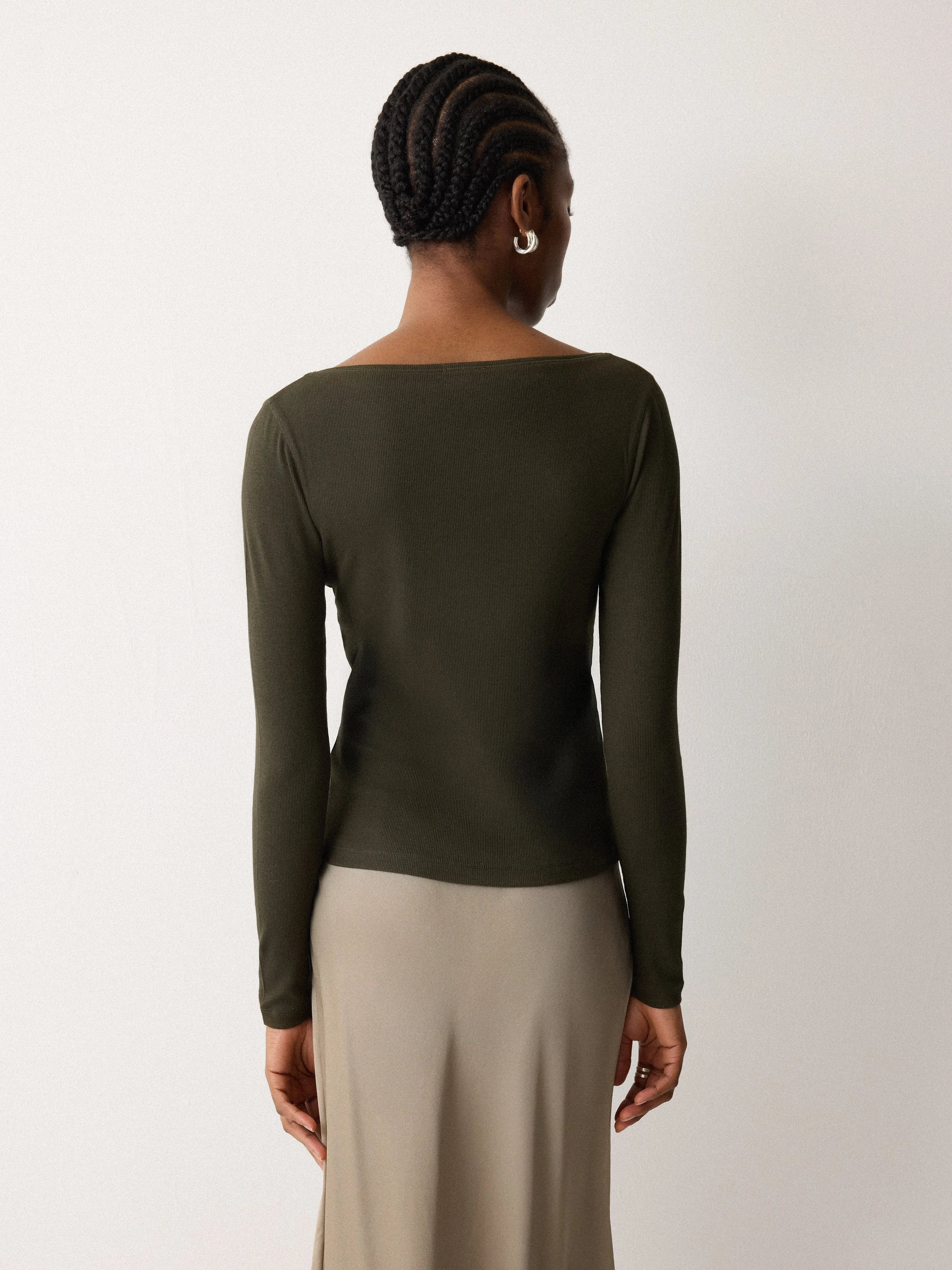 Long Sleeve Cotton Rib Slash Neck T-shirt | Khaki sold by Jigsaw product image thumbnail 4