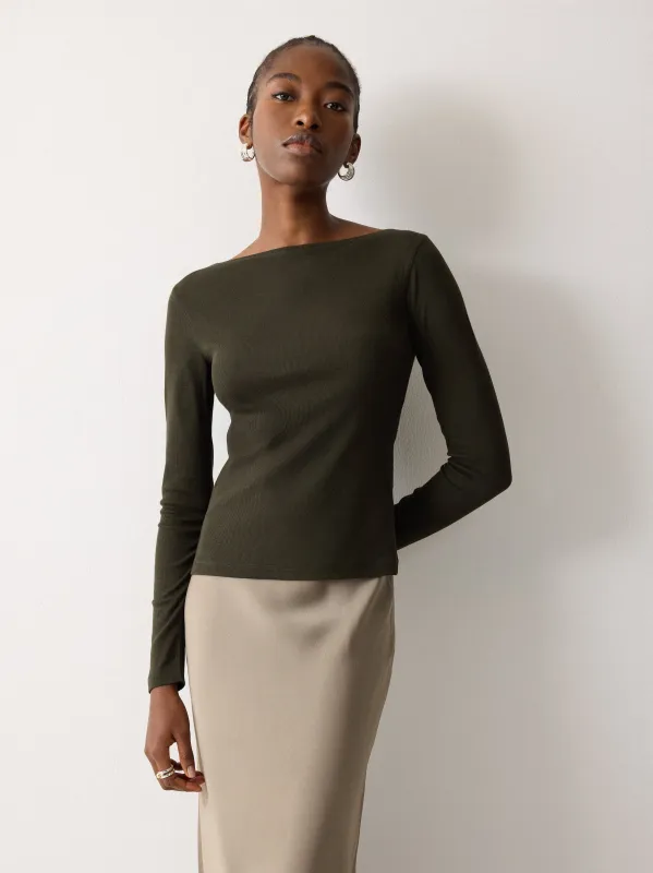 Long Sleeve Cotton Rib Slash Neck Tee | Khaki sold by Jigsaw