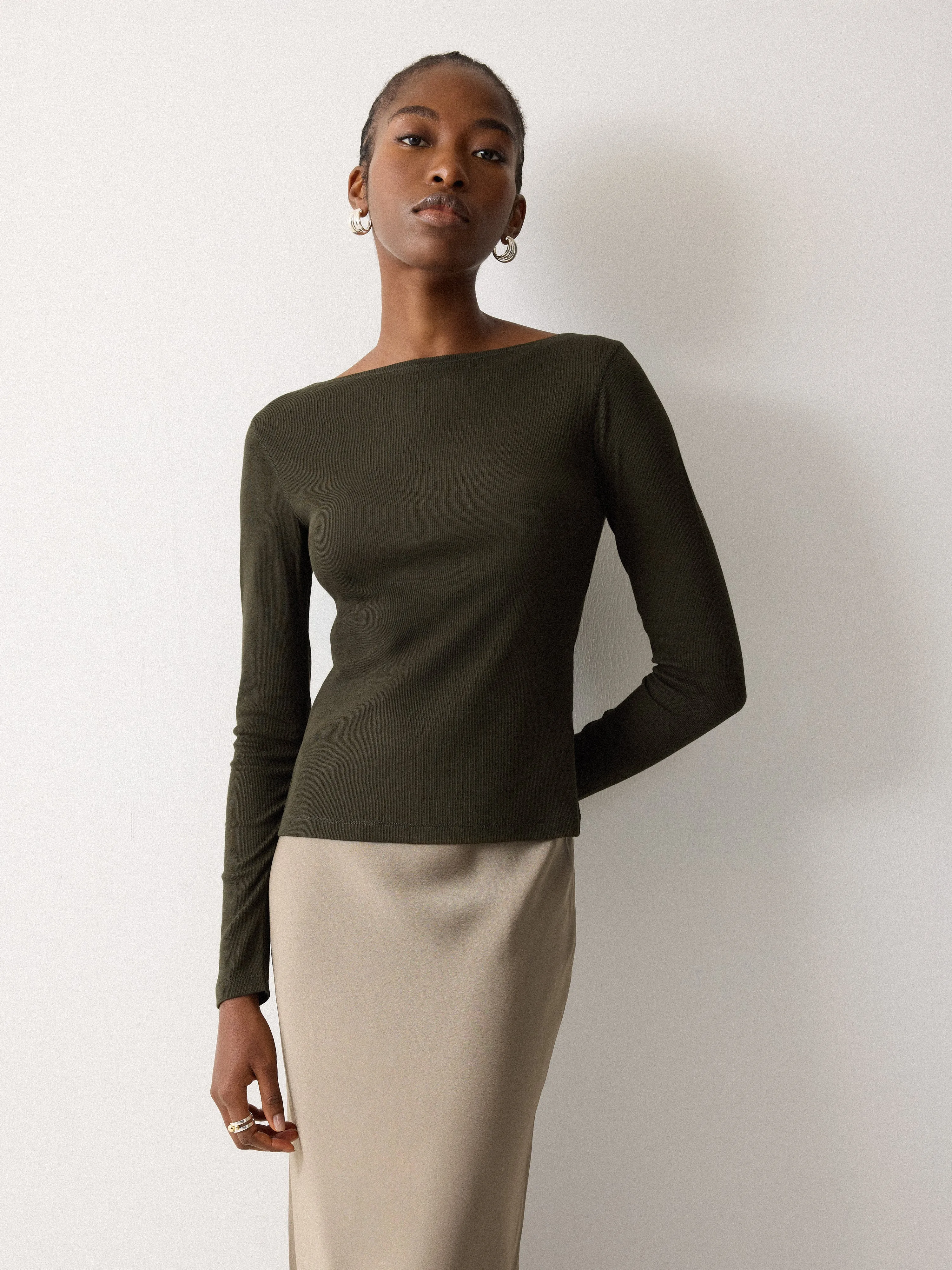 Long Sleeve Cotton Rib Slash Neck T-shirt | Khaki sold by Jigsaw