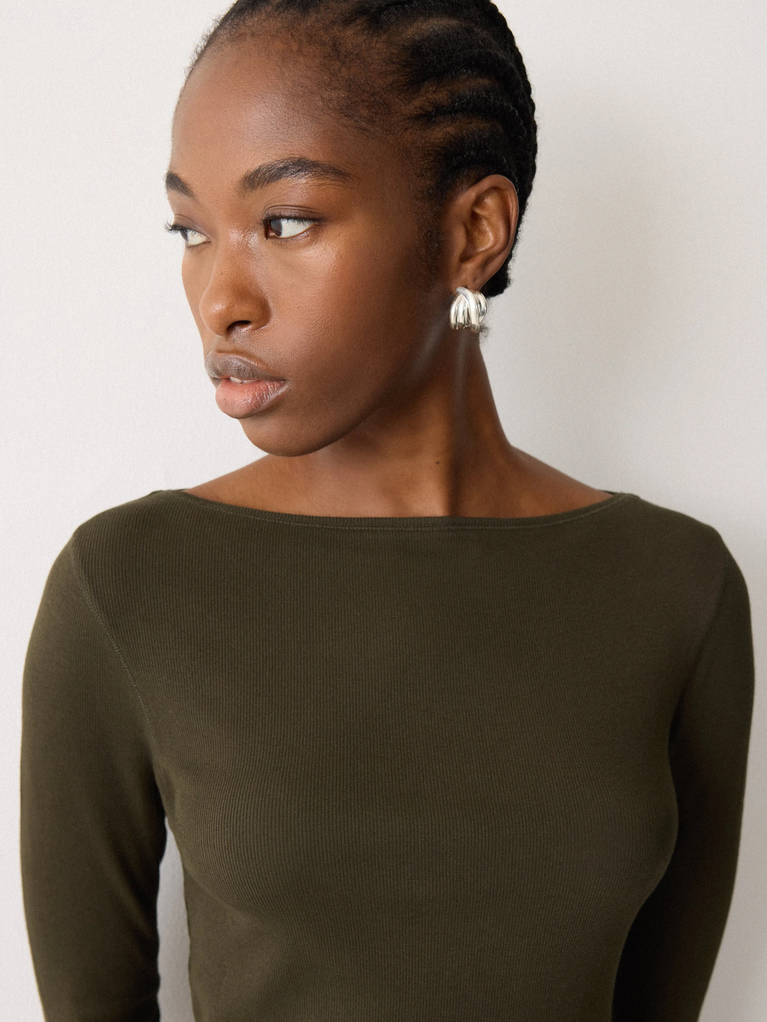 Long Sleeve Cotton Rib Slash Neck T-shirt | Khaki sold by Jigsaw product image thumbnail 3