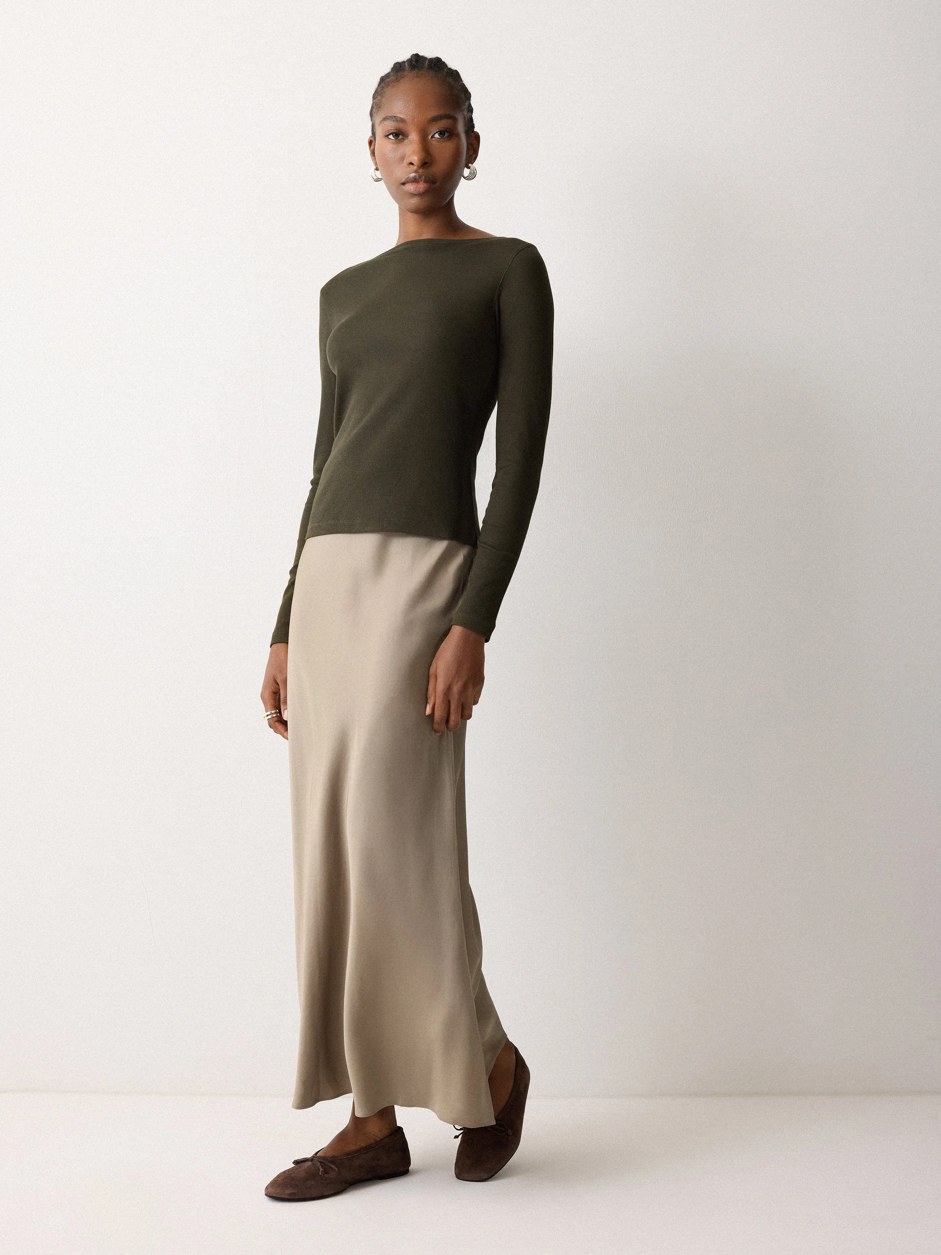 Long Sleeve Cotton Rib Slash Neck T-shirt | Khaki sold by Jigsaw product image thumbnail 2