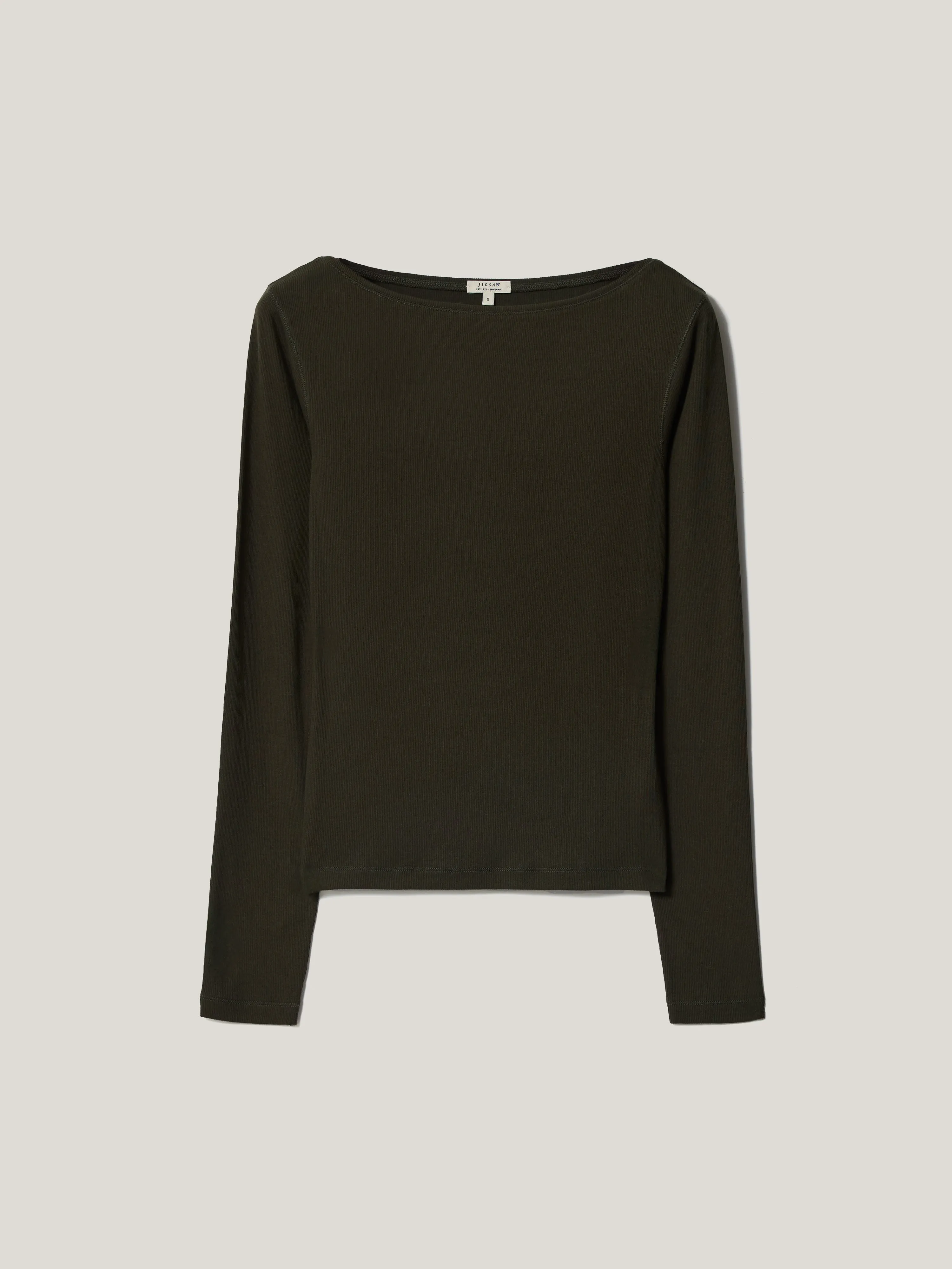 Long Sleeve Cotton Rib Slash Neck T-shirt | Khaki sold by Jigsaw product image thumbnail 5