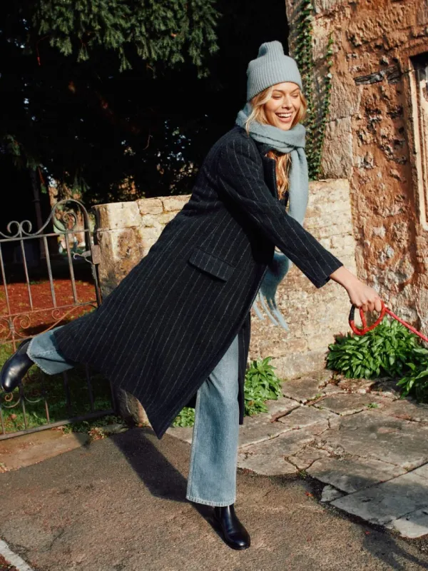 Chalk Stripe Maxi City Coat | Navy sold by Jigsaw