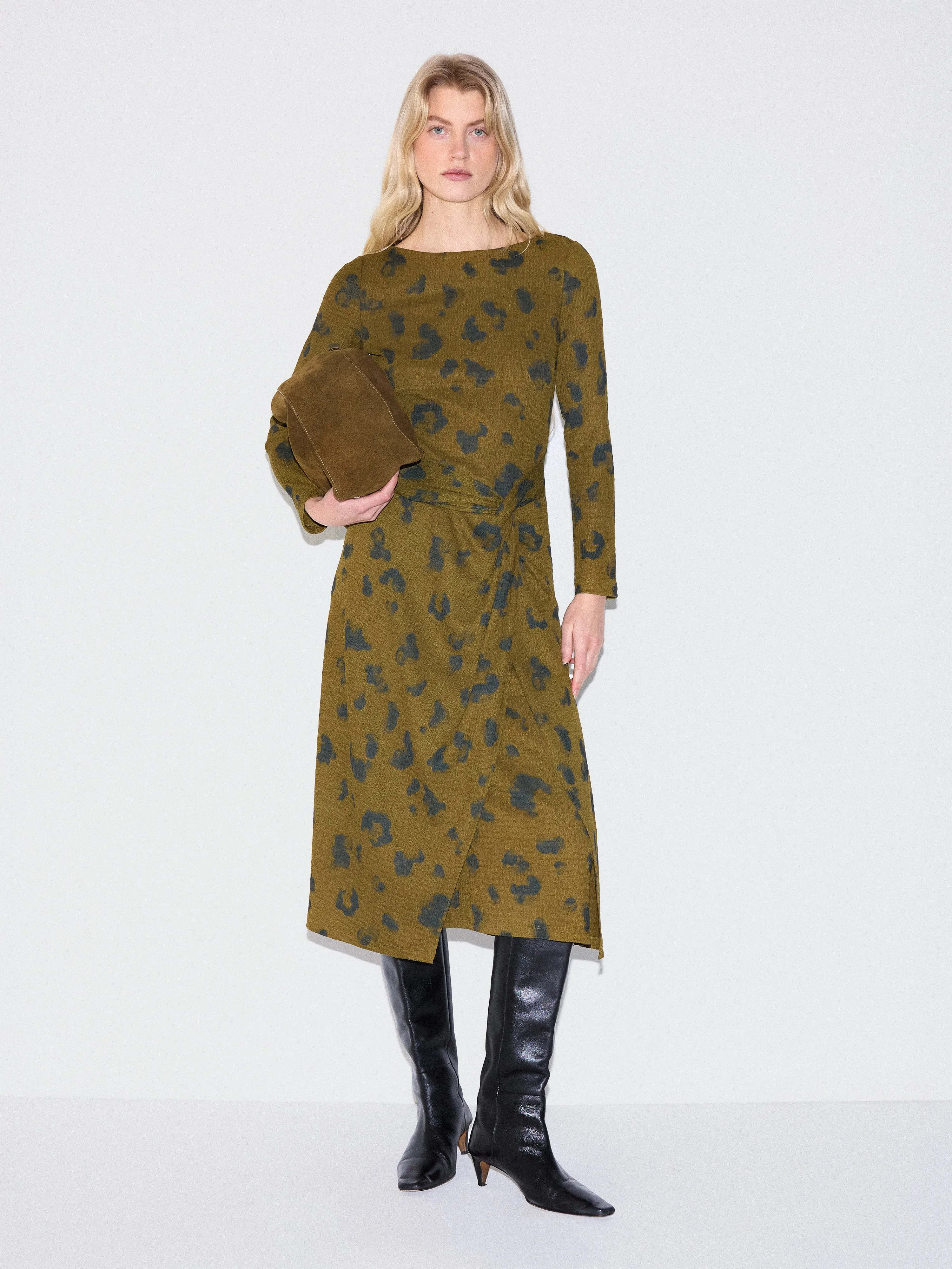 Ink Cloud Crinkle Knot Dress | Khaki sold by Jigsaw