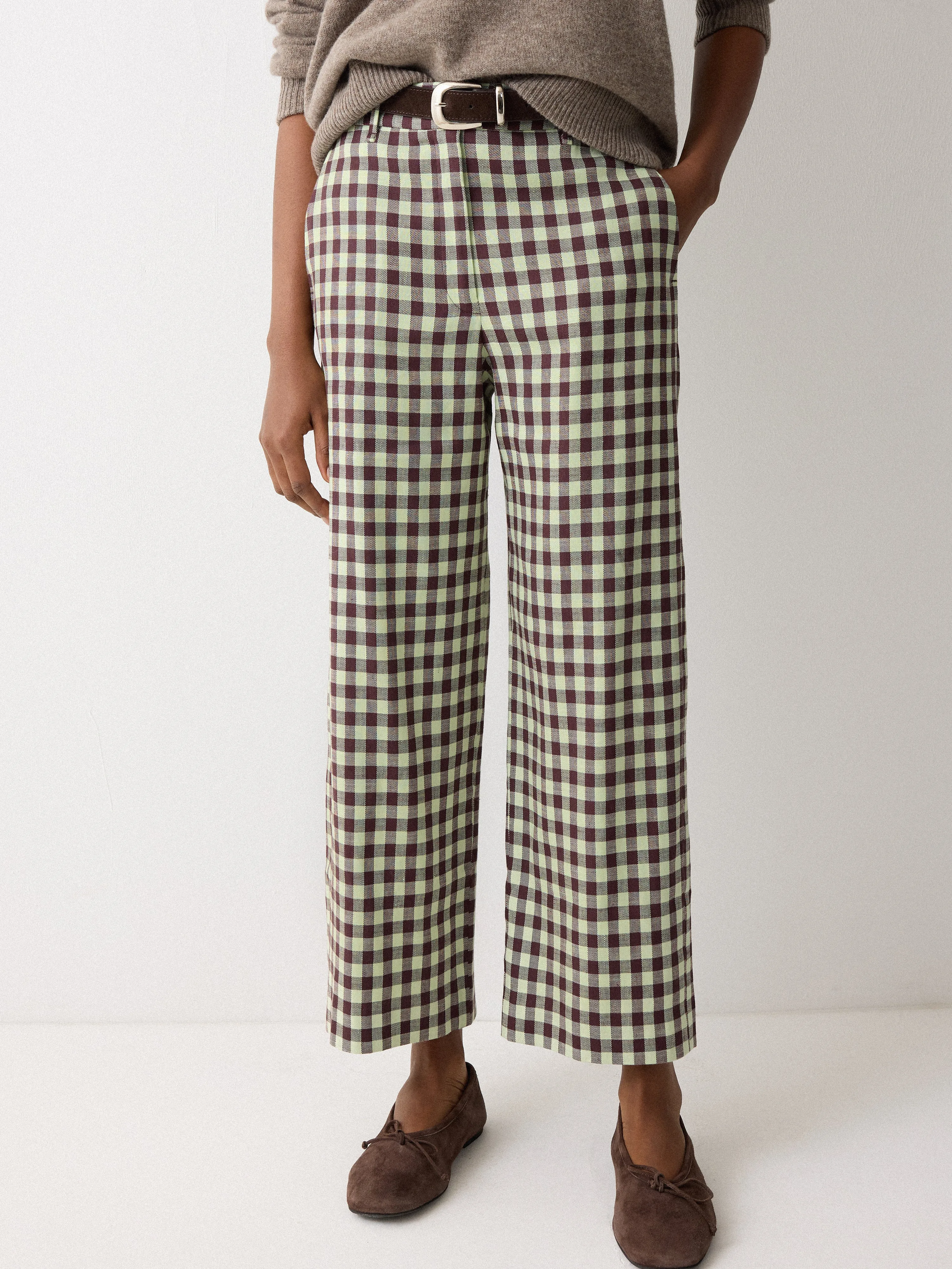 Dale Linen Check Trouser | Green sold by Jigsaw
