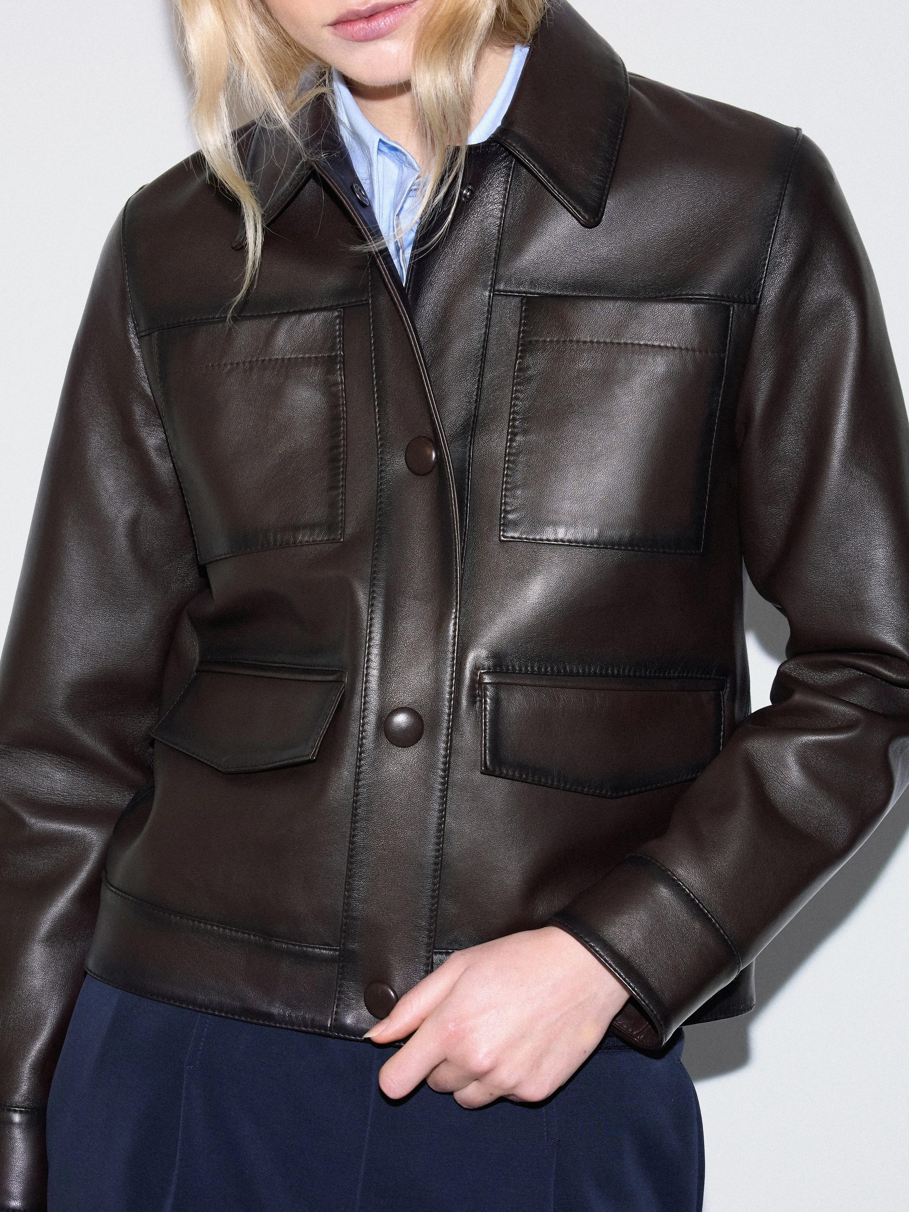 Nappa Leather Cropped Jacket | Dark Brown sold by Jigsaw product image thumbnail 3