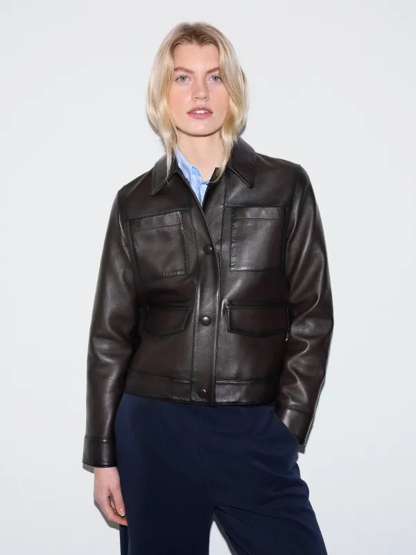 Nappa Leather Cropped Jacket | Dark Brown sold by Jigsaw
