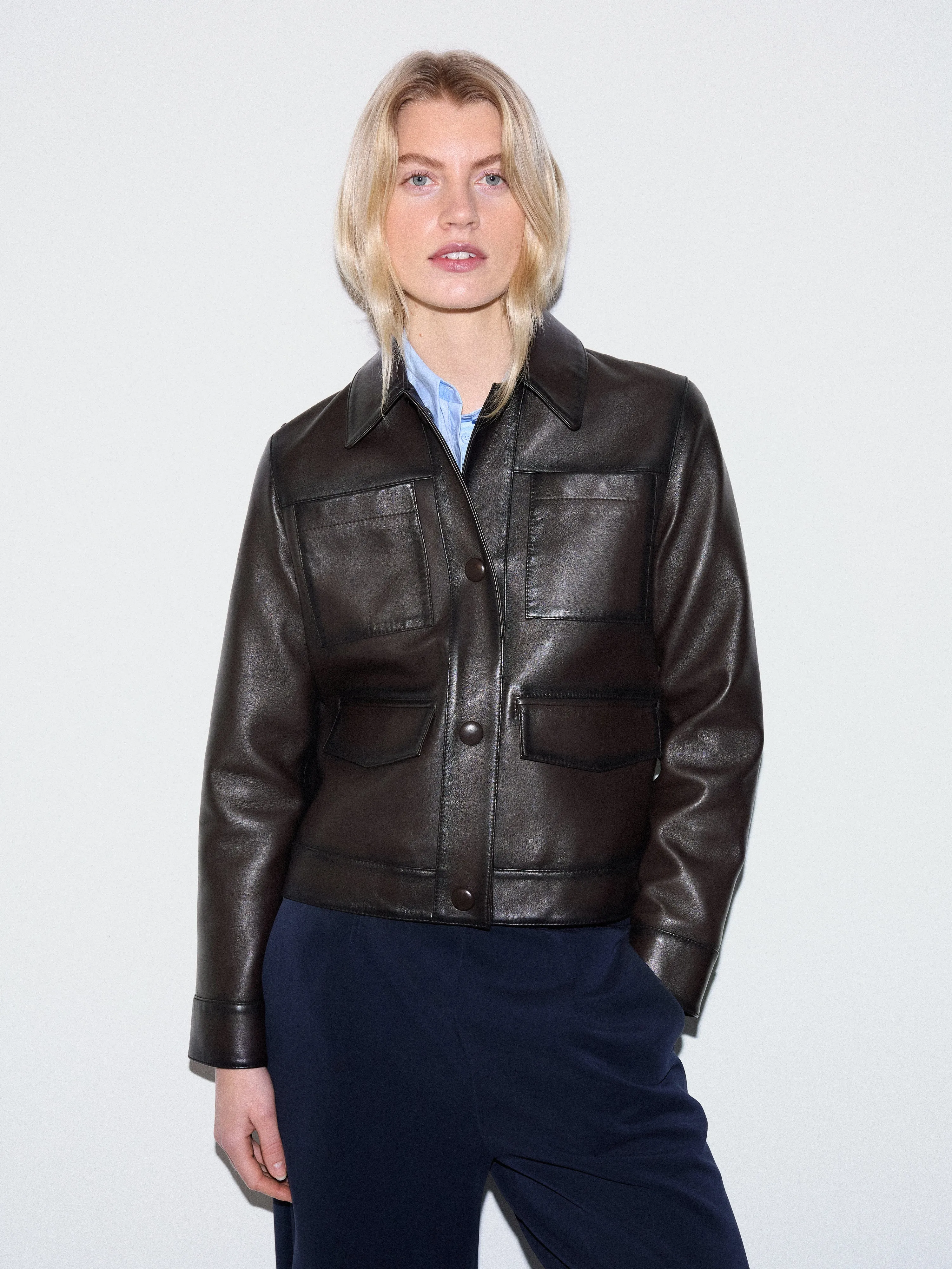 Nappa Leather Cropped Jacket | Dark Brown sold by Jigsaw