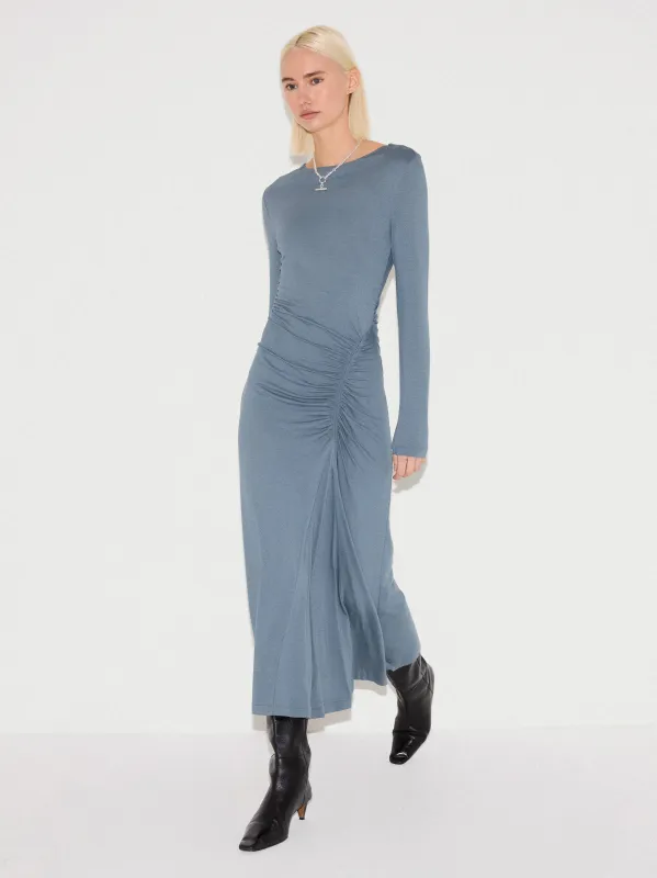 Micro Crepe Cowl Ruched Dress | Blue sold by Jigsaw