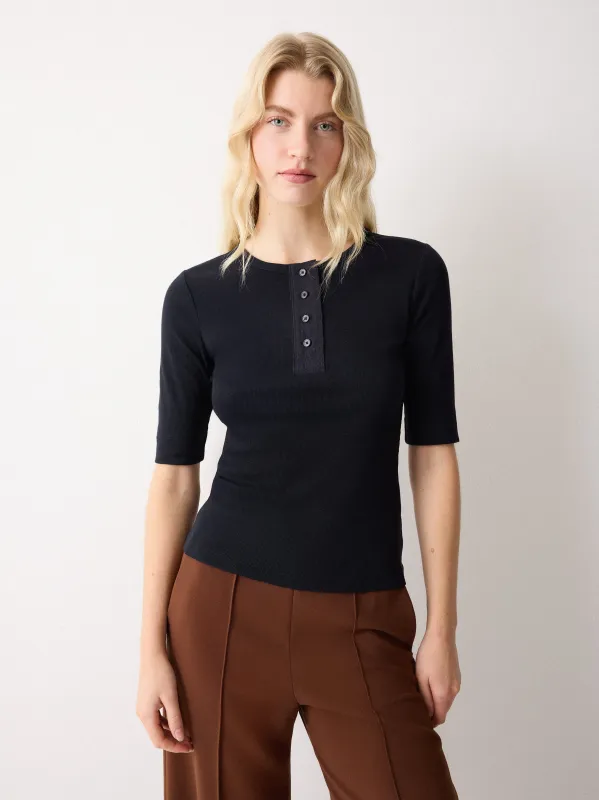 Fine Rib Half Sleeve Henley Tee | Navy sold by Jigsaw